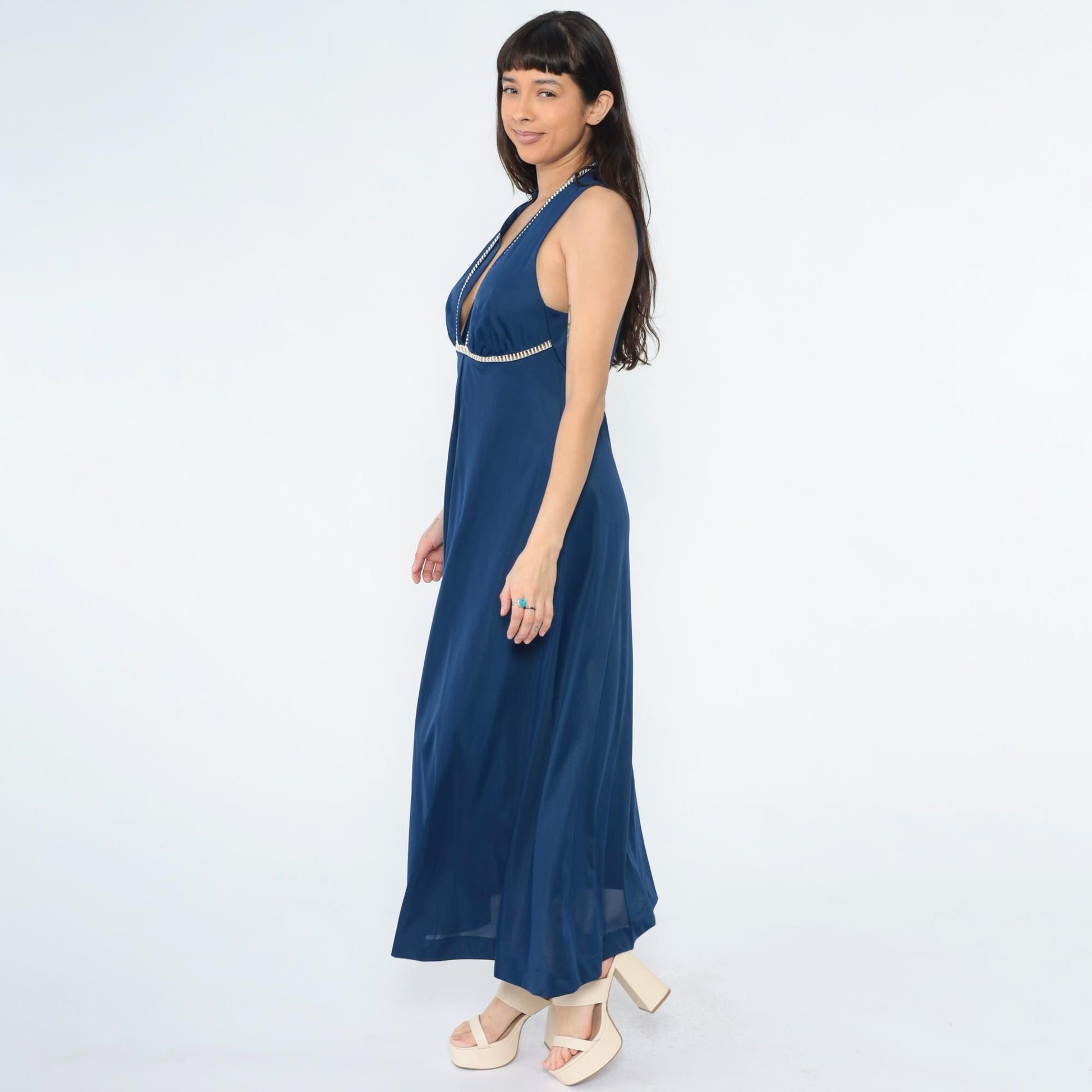 70s Vanity Fair Dark Blue Nylon Maxi Slip Dress Empire Waist Cutout Medium