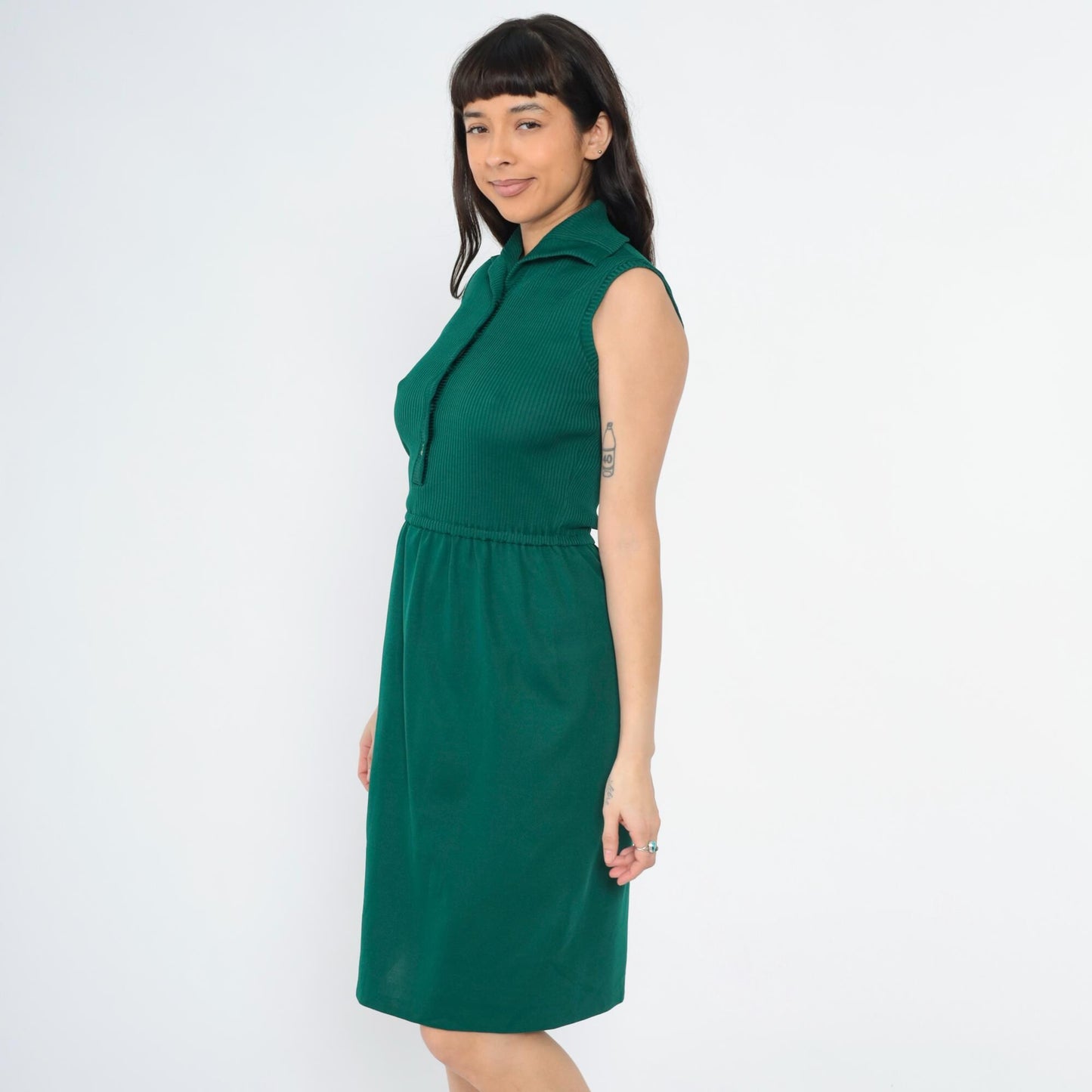 70s Dark Green Ribbed Knit Button-Up Dress Sleeveless Knee-Length Small Medium