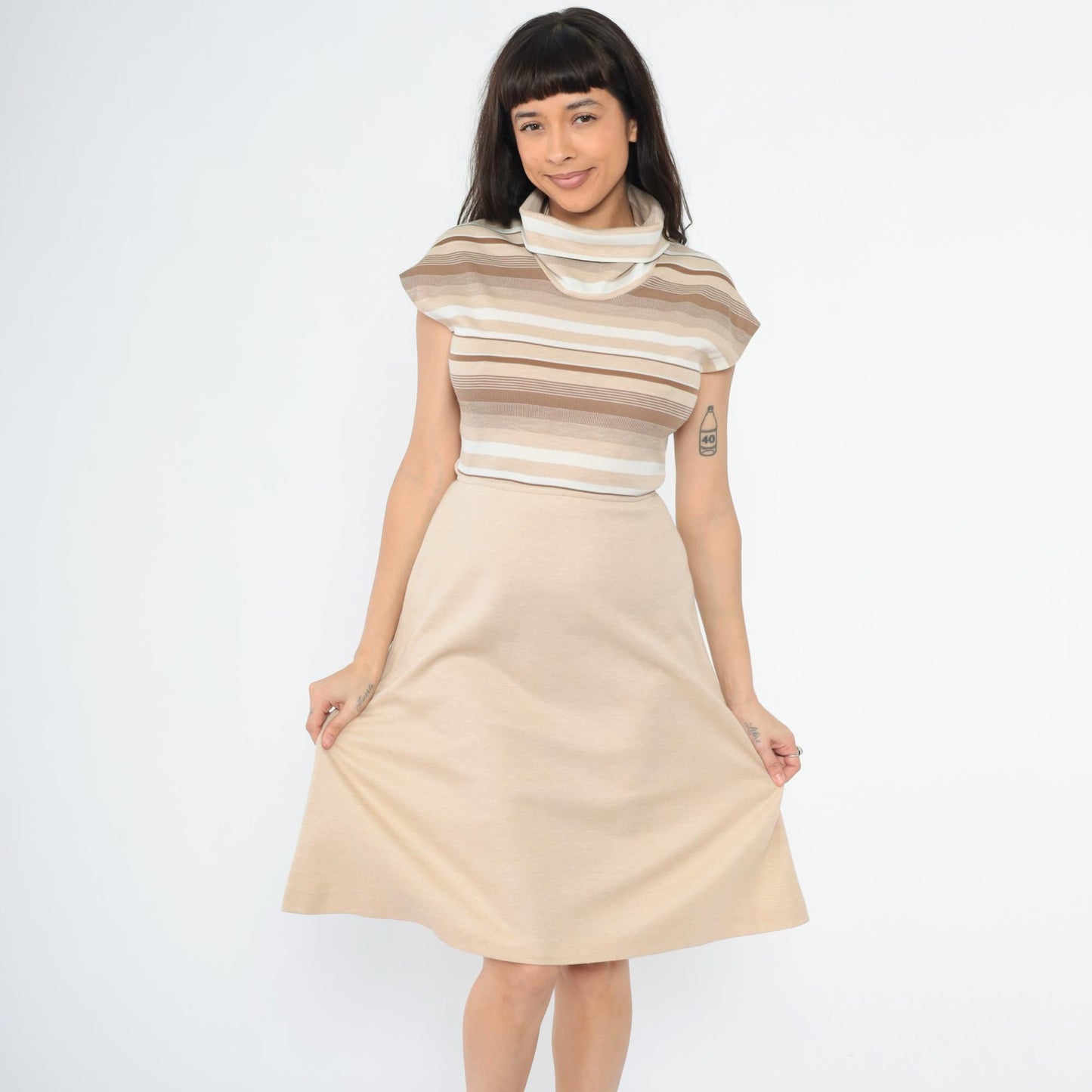 70s Tan Stripe Knit Dress Cowl Neck Cap Sleeve High Waist A-Line Small