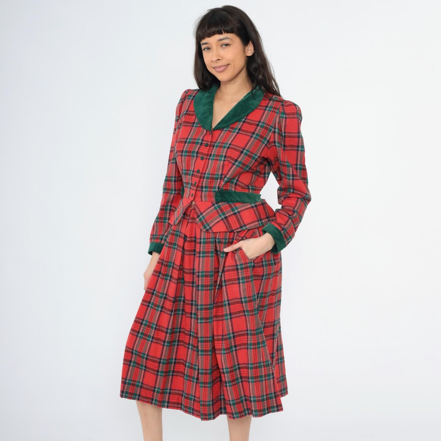 80s Lanz Originals Red Tartan Velvet Trim Peplum Midi Dress Medium 8