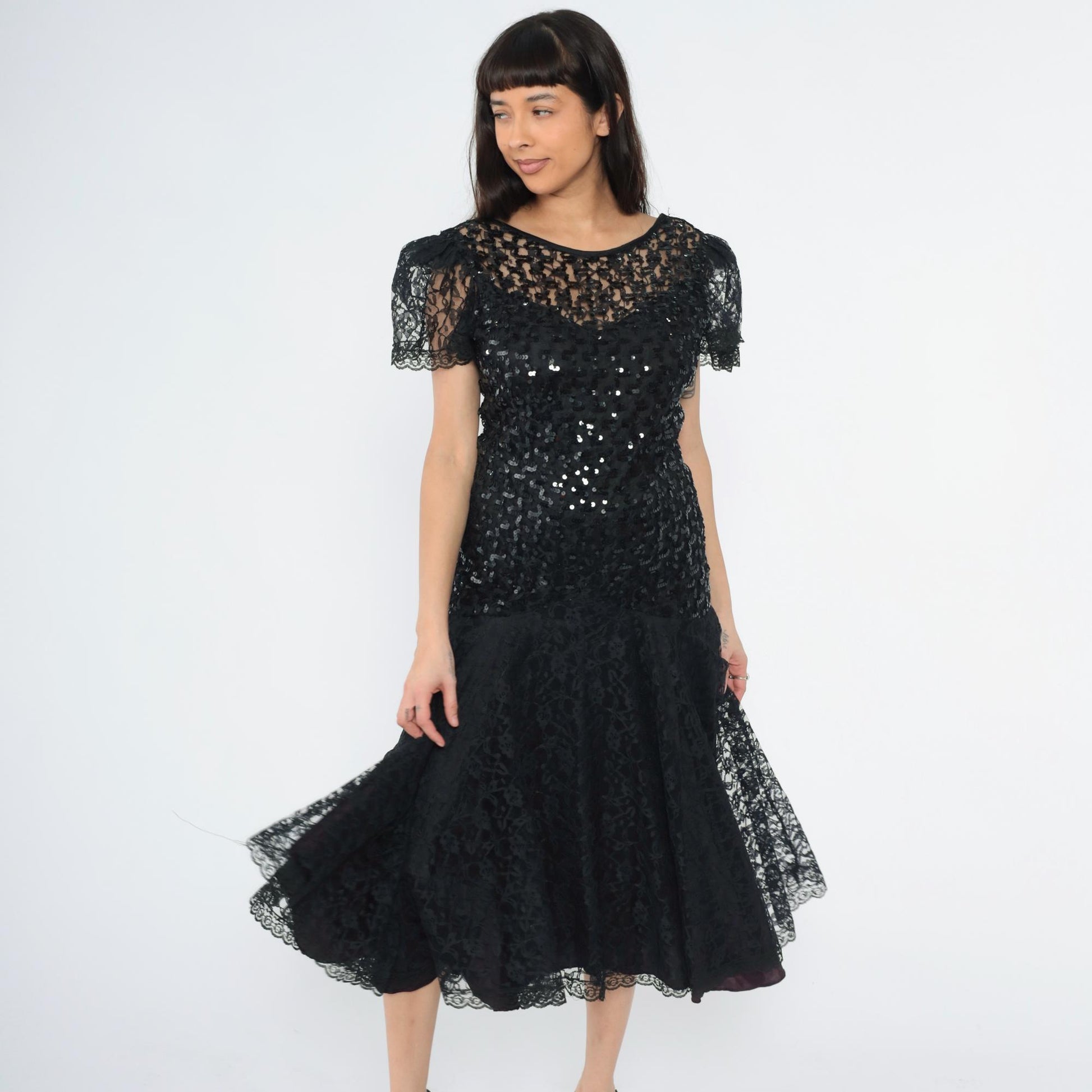 80s Night Moves Black Sequin Lace Midi Dress Puff Sleeve Mermaid Hem Small