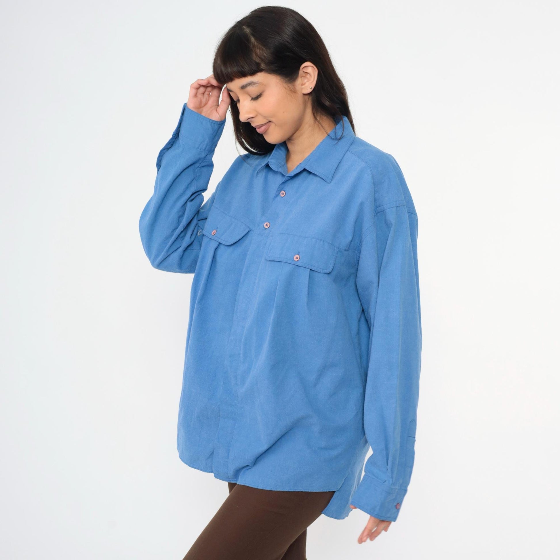 80s Gitano Blue Oxford Button-Up Shirt Chest Pocket Long Sleeve Extra Large XL
