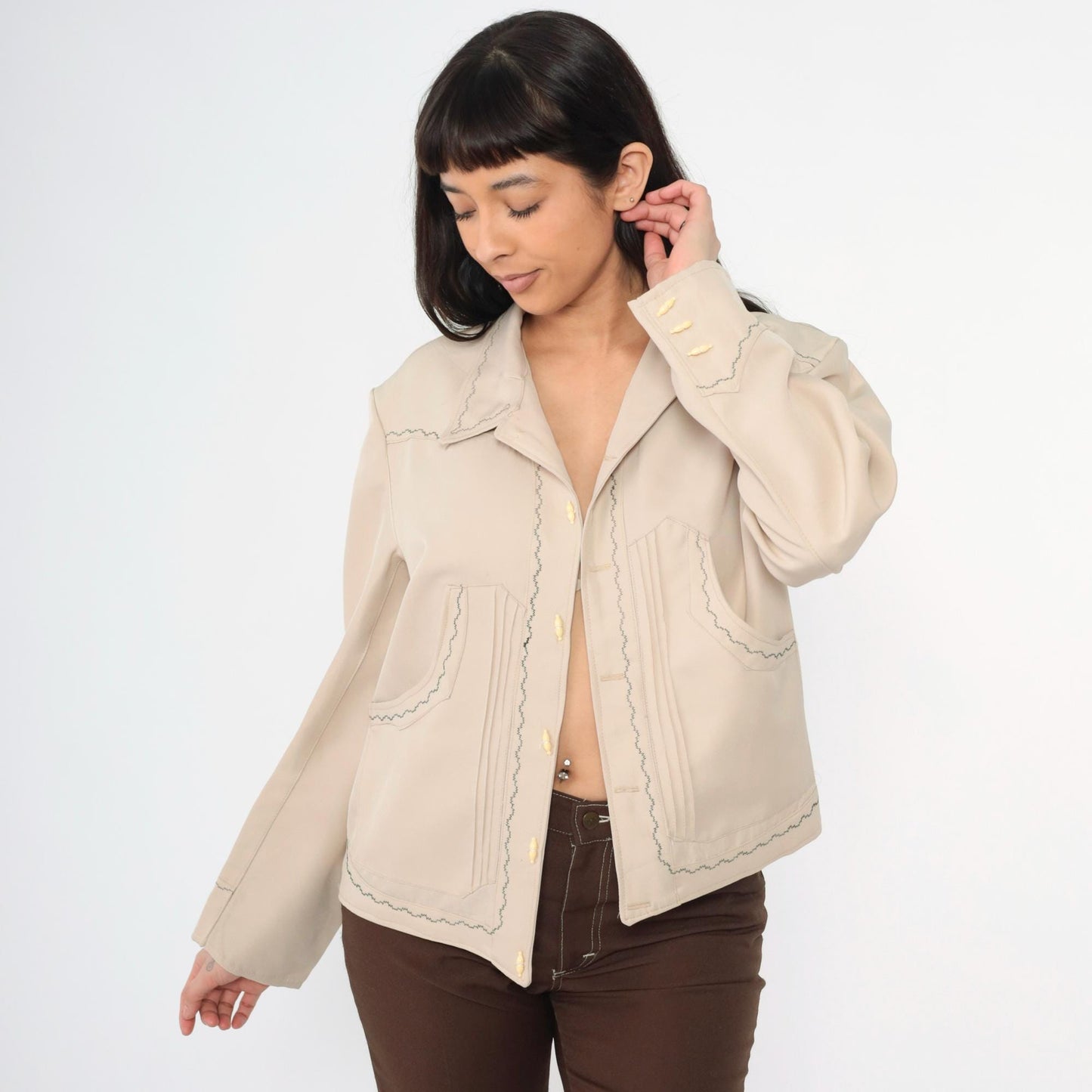 70s Western Jacket Beige Embroidered Horse Toggle Button Menswear Large