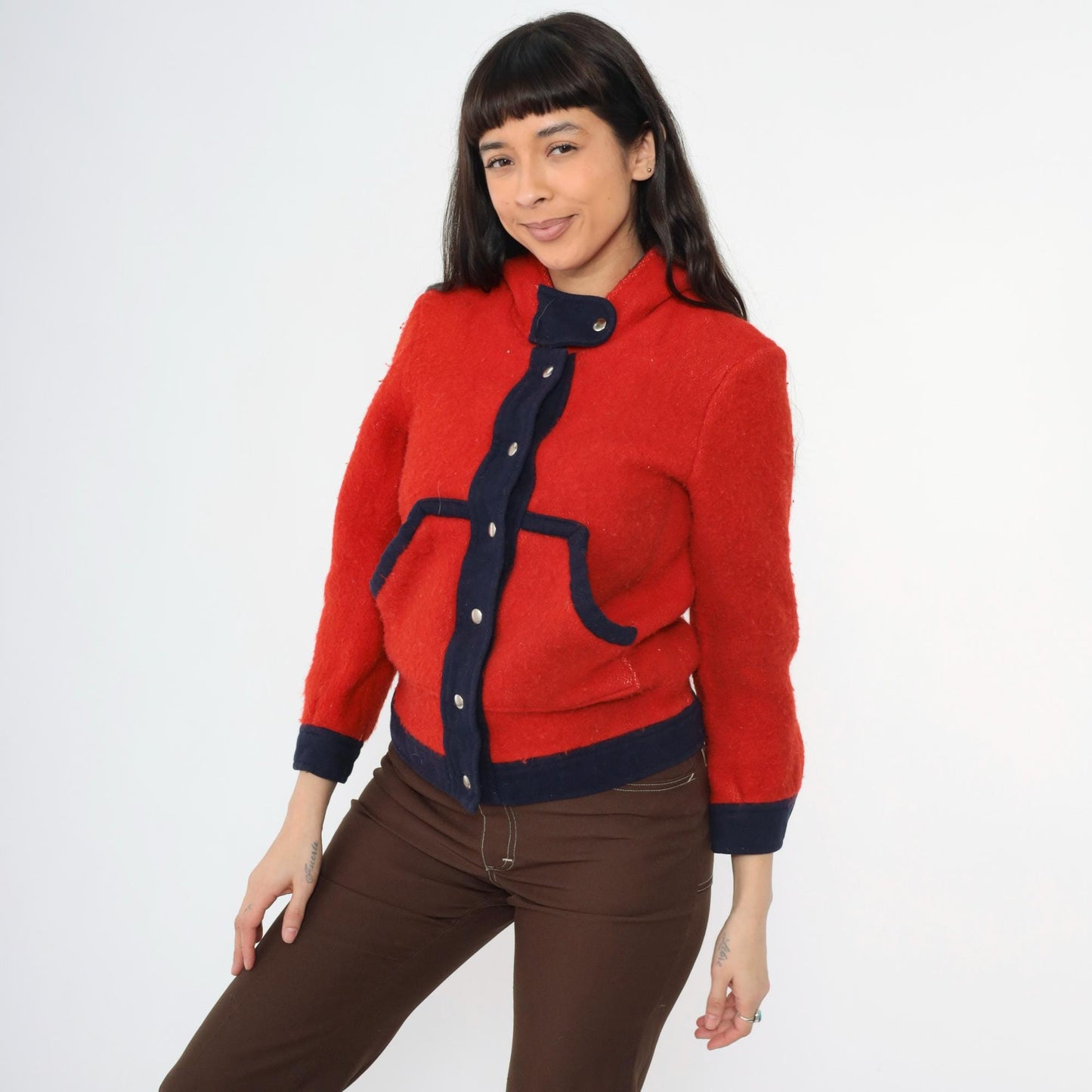 1970s Red Wool Hooded Jacket Navy Contrast Trim Snap Front Cropped Extra Small