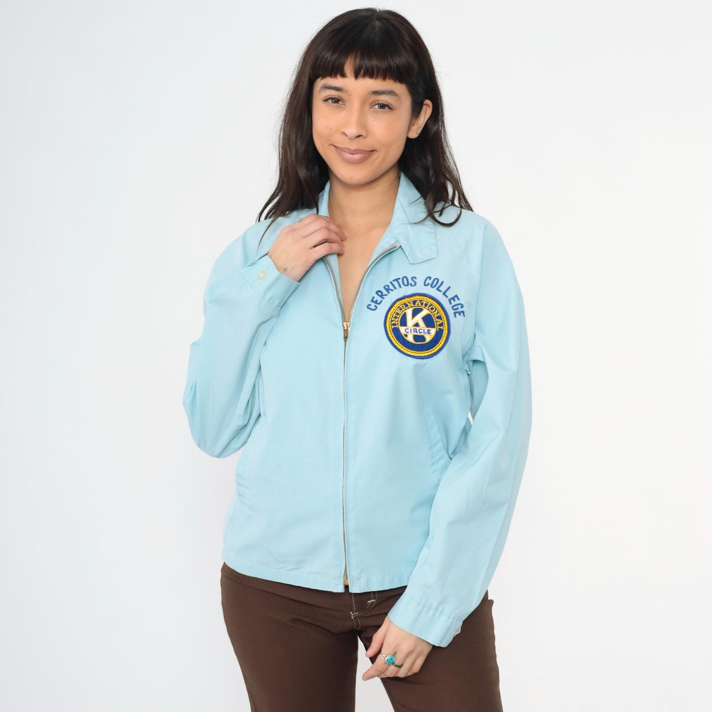 70s Cerritos College Circle K Windbreaker Jacket Baby Blue Raglan Medium