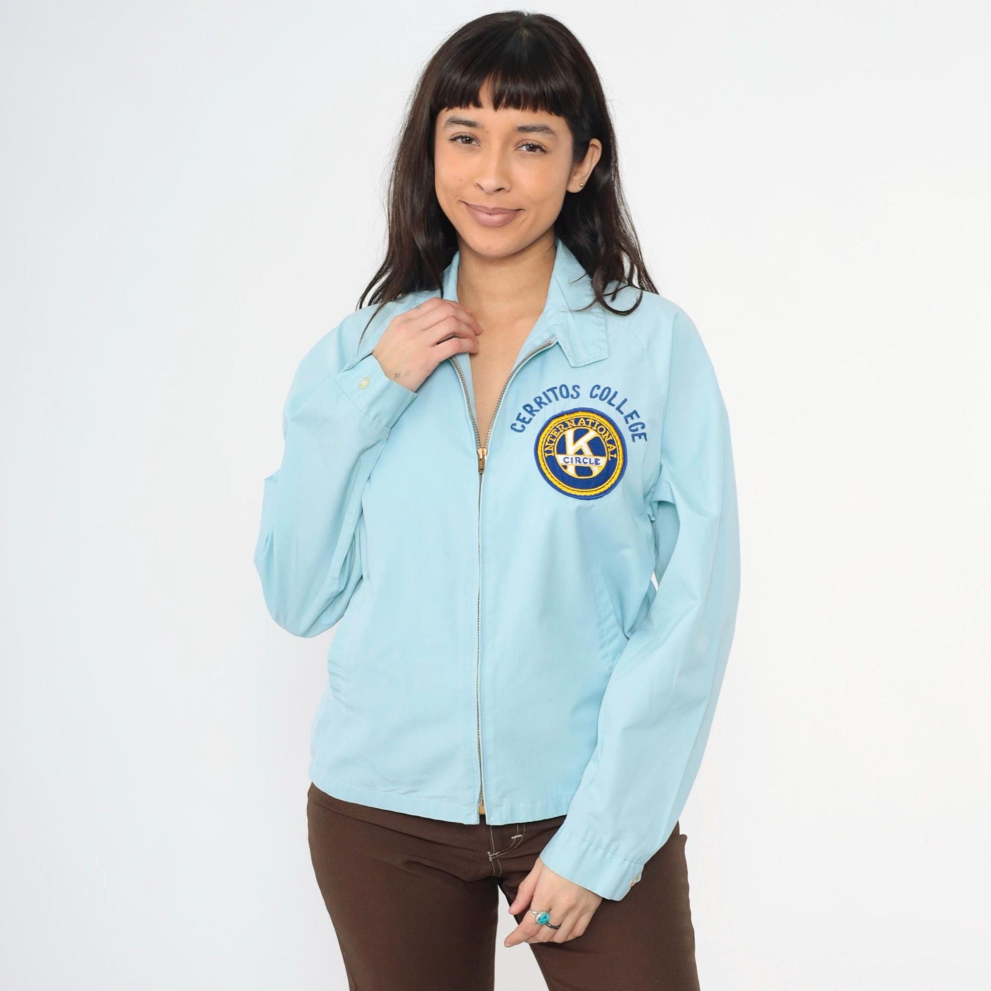 70s Cerritos College Circle K Windbreaker Jacket Baby Blue Raglan Medium