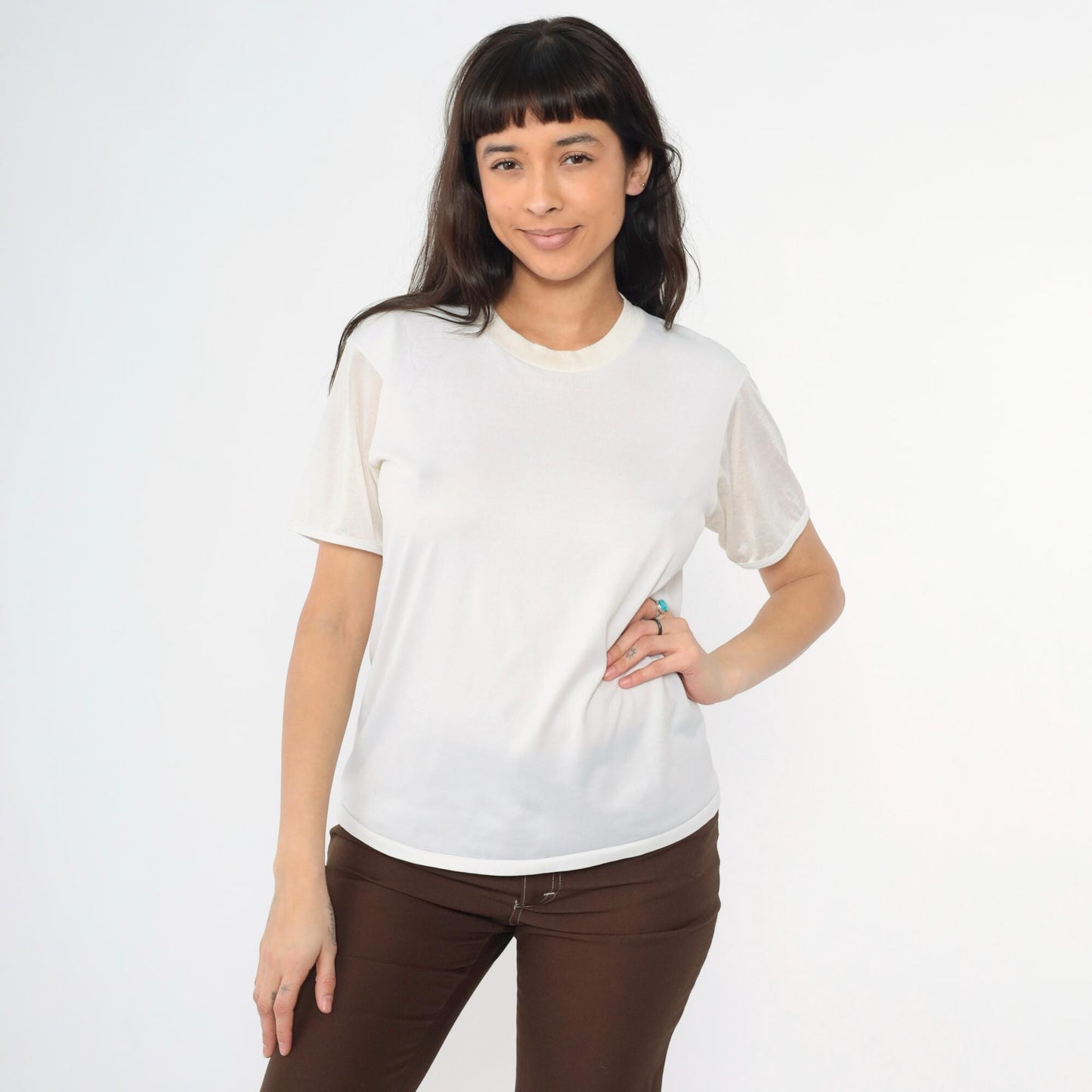 80s Quiana Nylon Blend Plain White Crew Neck T-Shirt Size 40