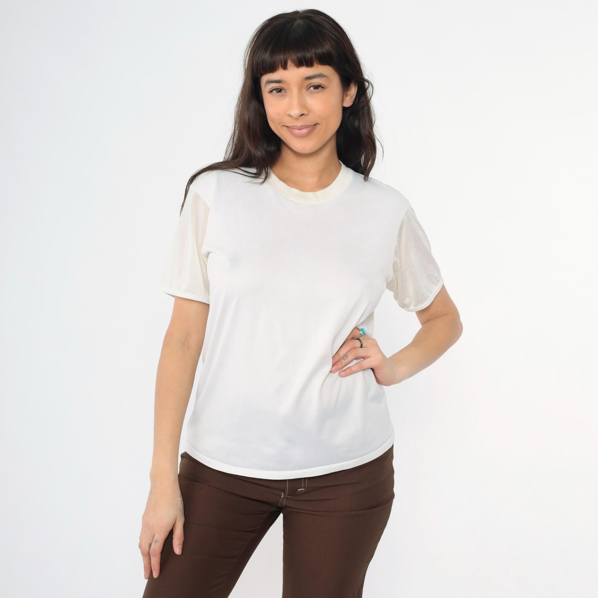 80s Quiana Nylon Blend Plain White Crew Neck T-Shirt Size 40