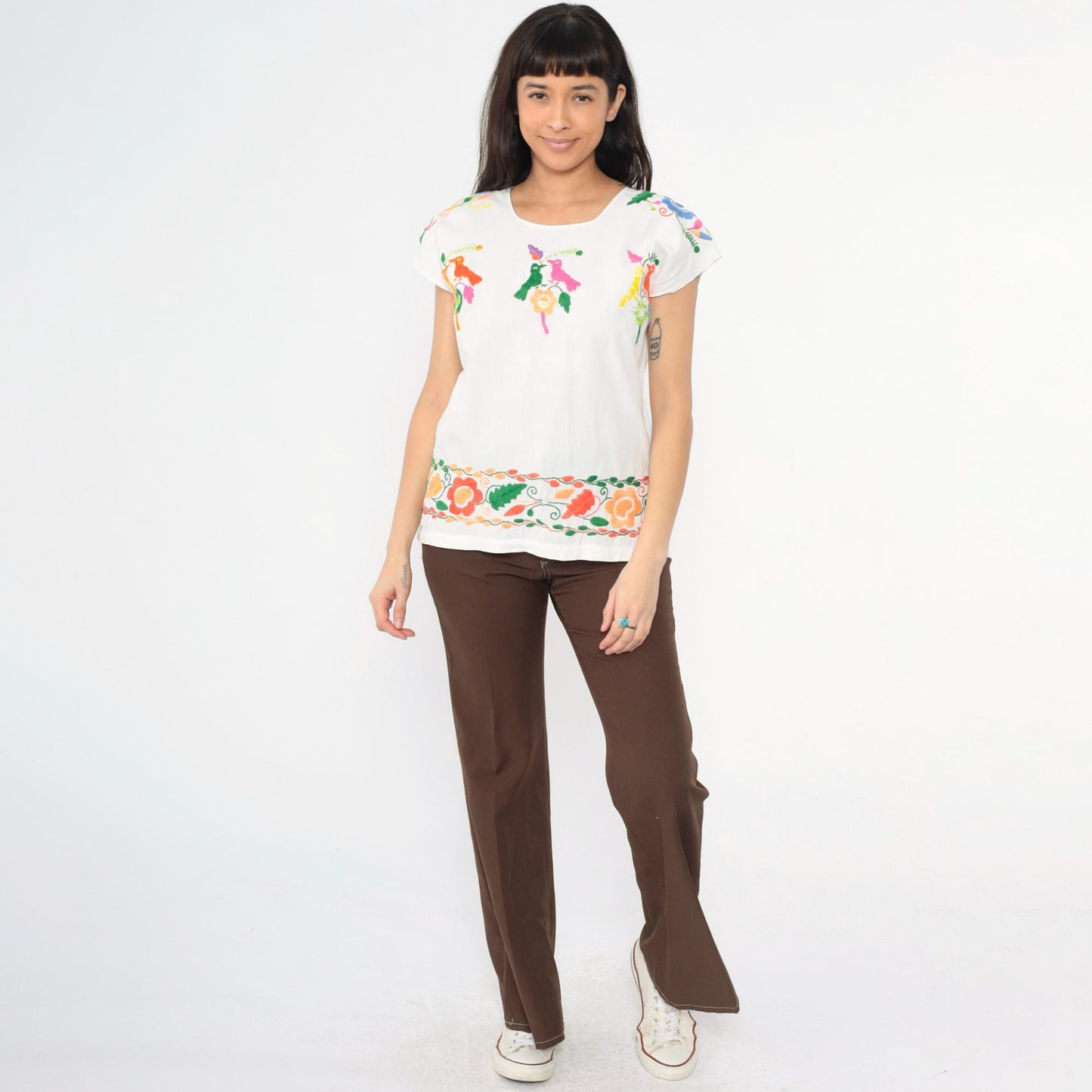 80s Mexican Embroidered Bird Blouse White Cotton Tunic Medium M