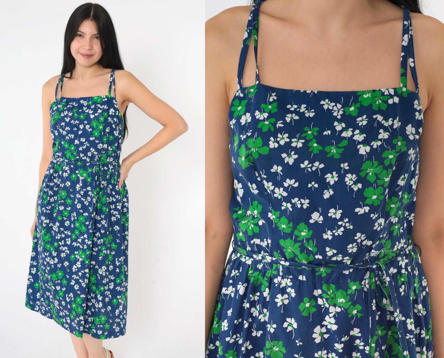 70s Blue Floral Midi Sundress Smocked High Waist Spaghetti Straps Medium