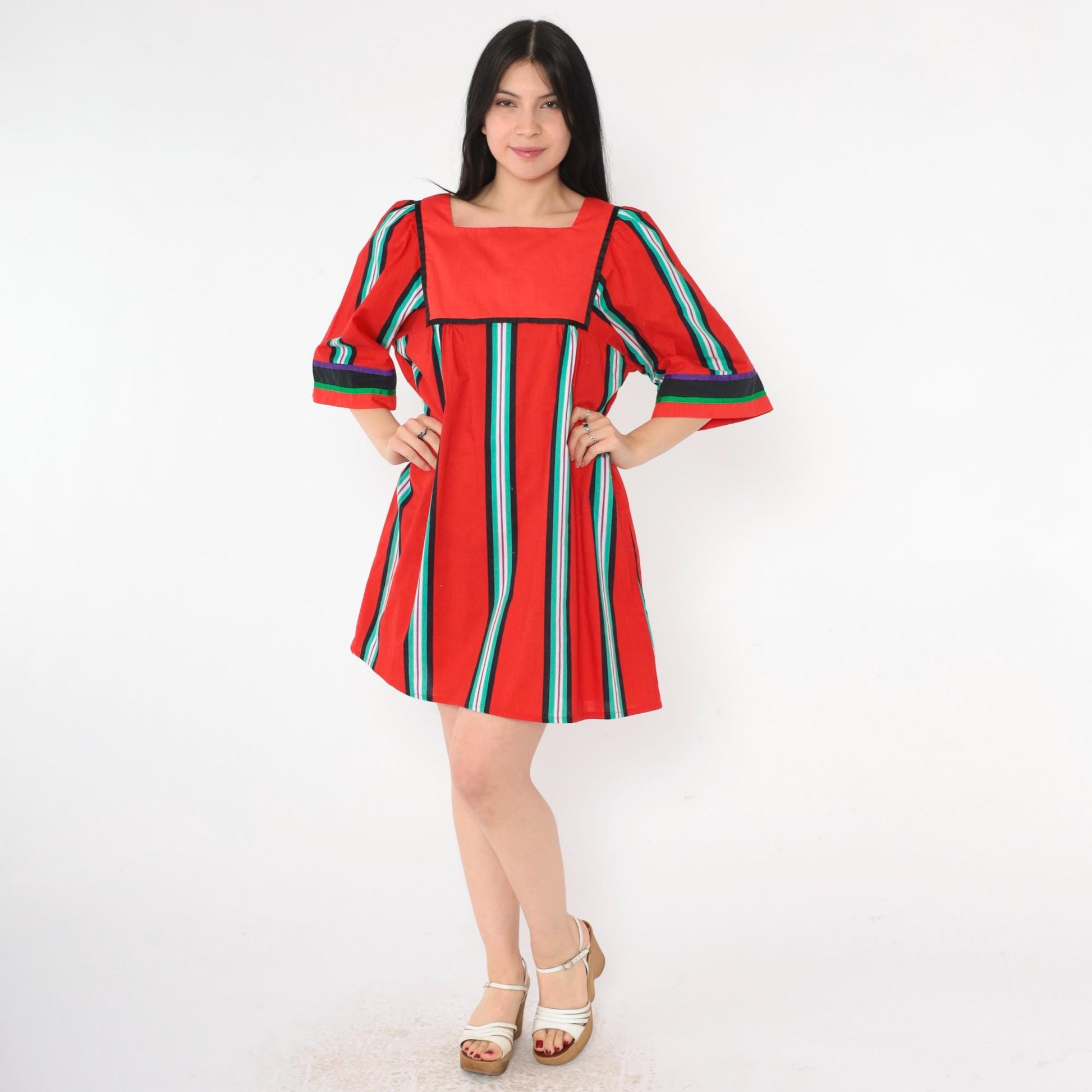 70s Liberty House Hawaiian Mini Dress Red Striped Tent Cut Medium