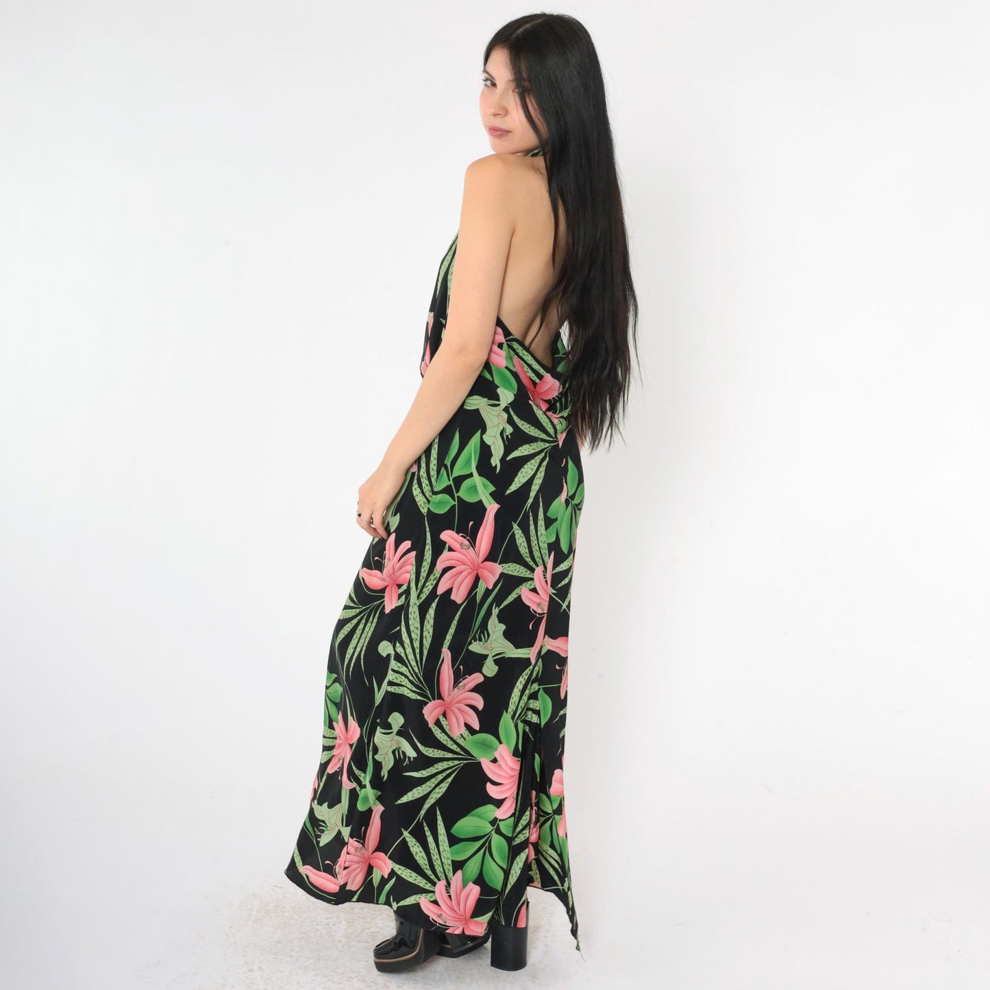 00s Ashley Stewart Floral Halter Maxi Dress Black Pink Green Plunge Neck Plus Size 20