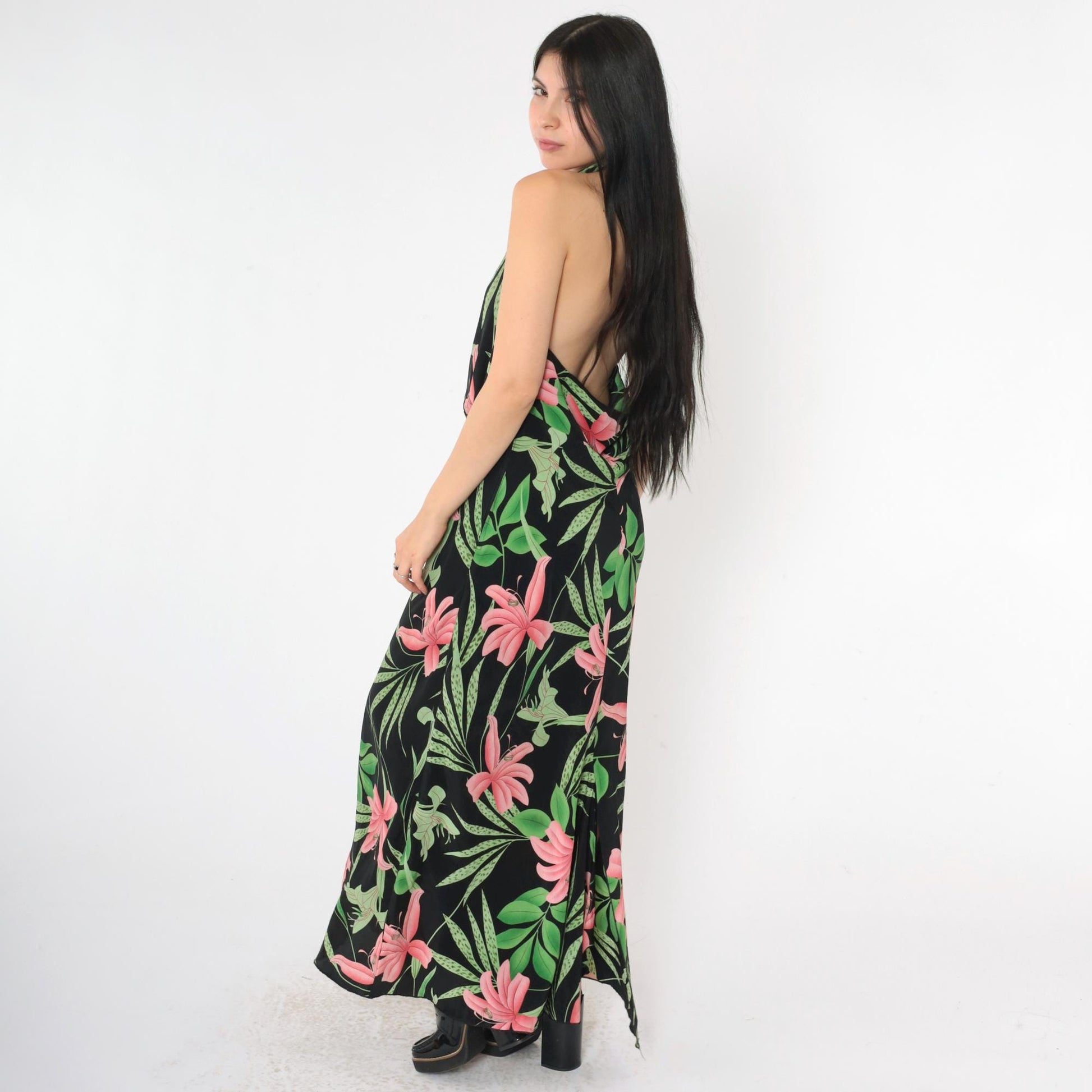 00s Ashley Stewart Floral Halter Maxi Dress Black Pink Green Plunge Neck Plus Size 20