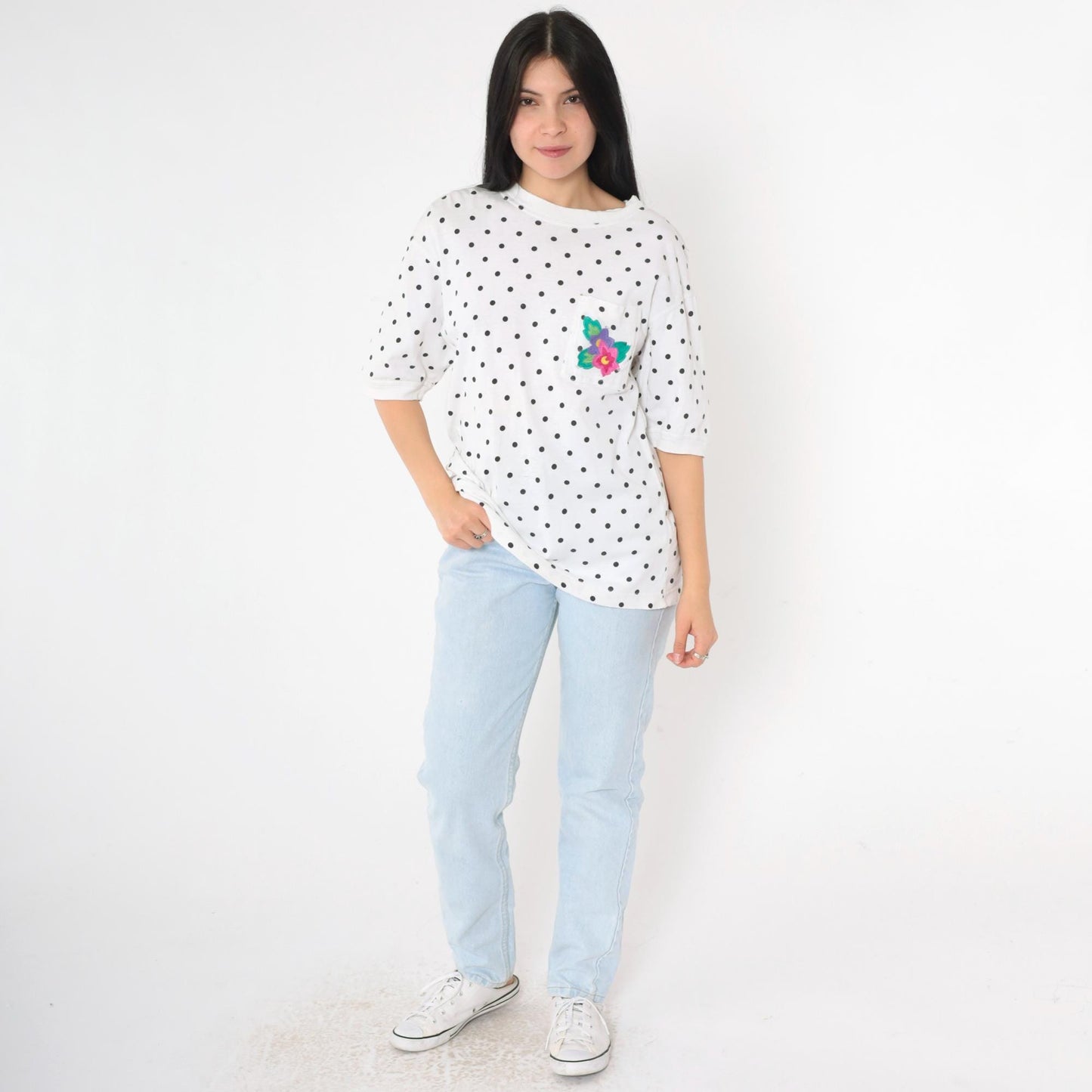 90s IZOD Polka Dot Cotton T-Shirt White Black Floral Pocket Medium M