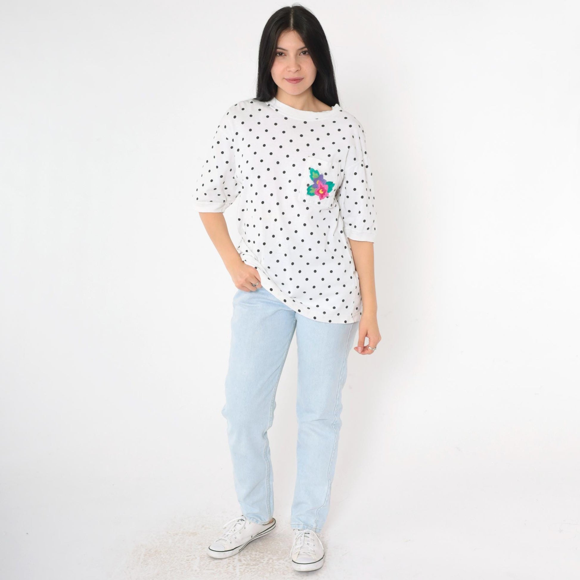 90s IZOD Polka Dot Cotton T-Shirt White Black Floral Pocket Medium M