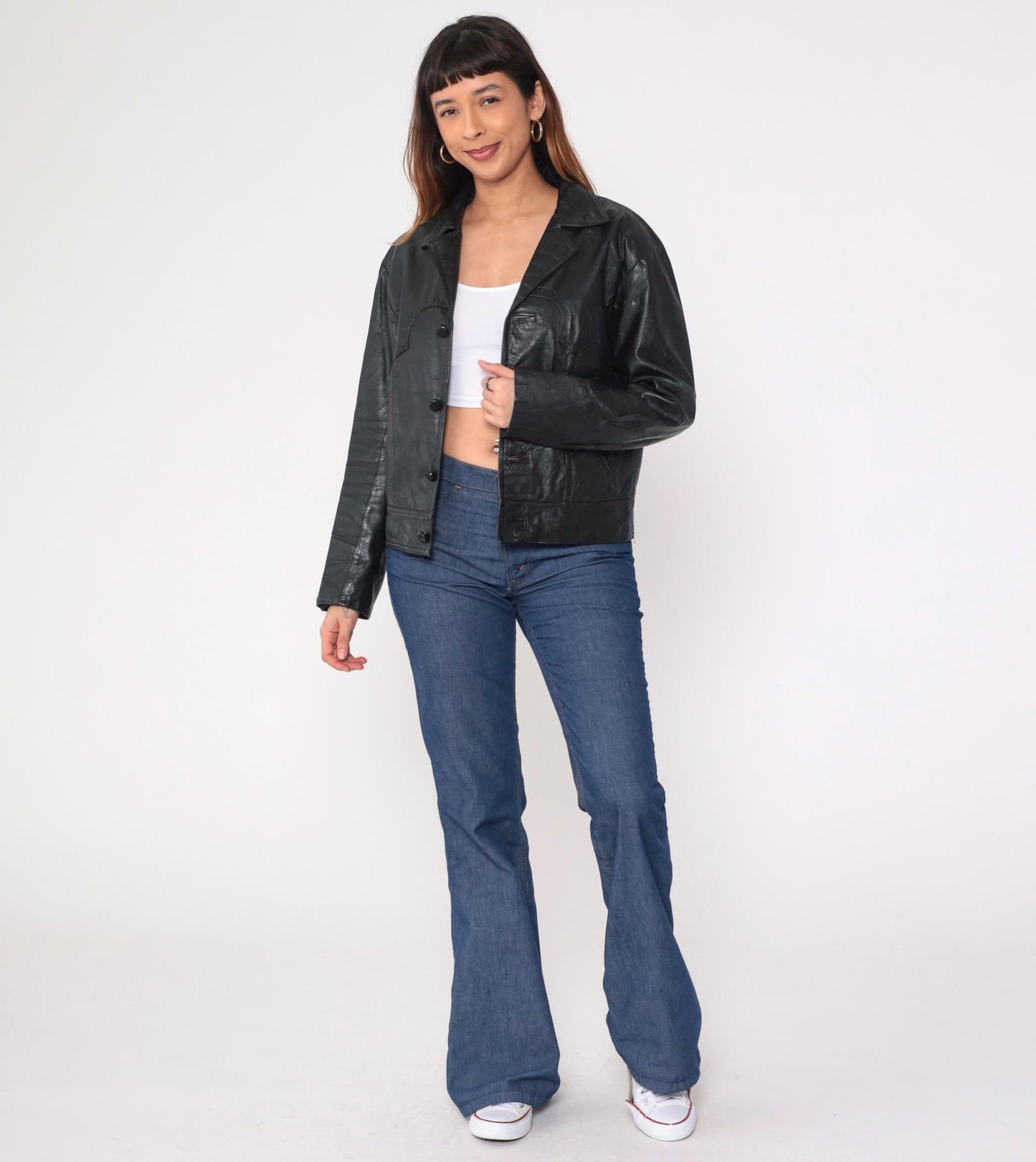 80s Black Leather Motorcycle Jacket Western Yoke Button Front Medium