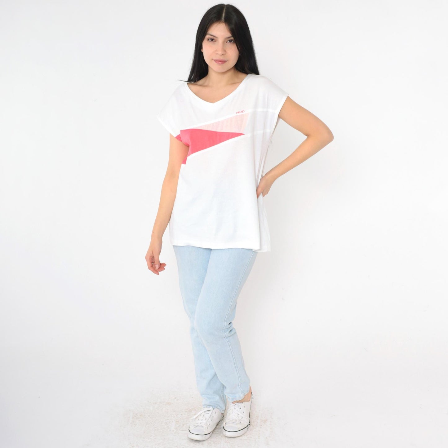80s Head Tennis T-Shirt White Pink Colour Block V-Neck Medium M
