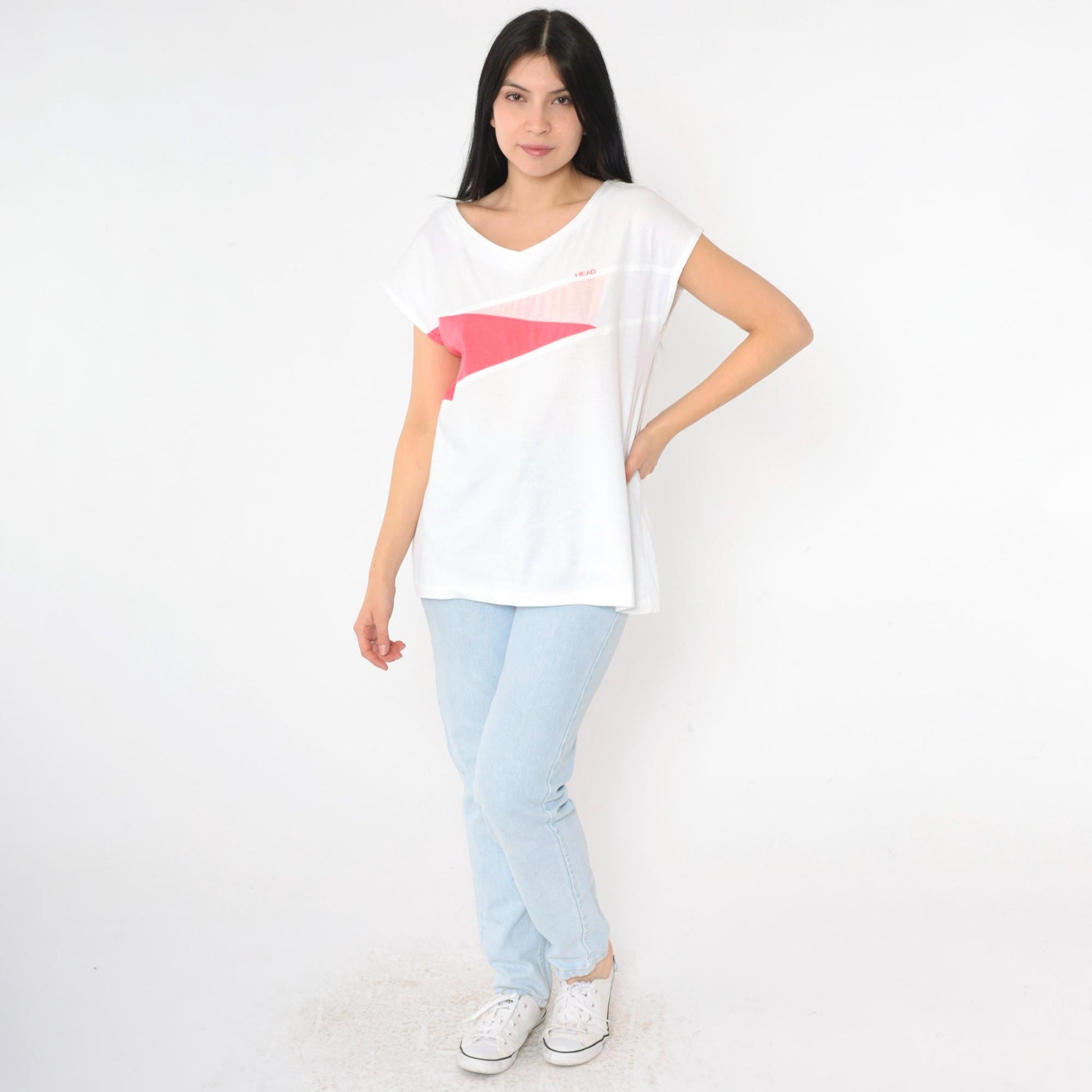 80s Head Tennis T-Shirt White Pink Colour Block V-Neck Medium M
