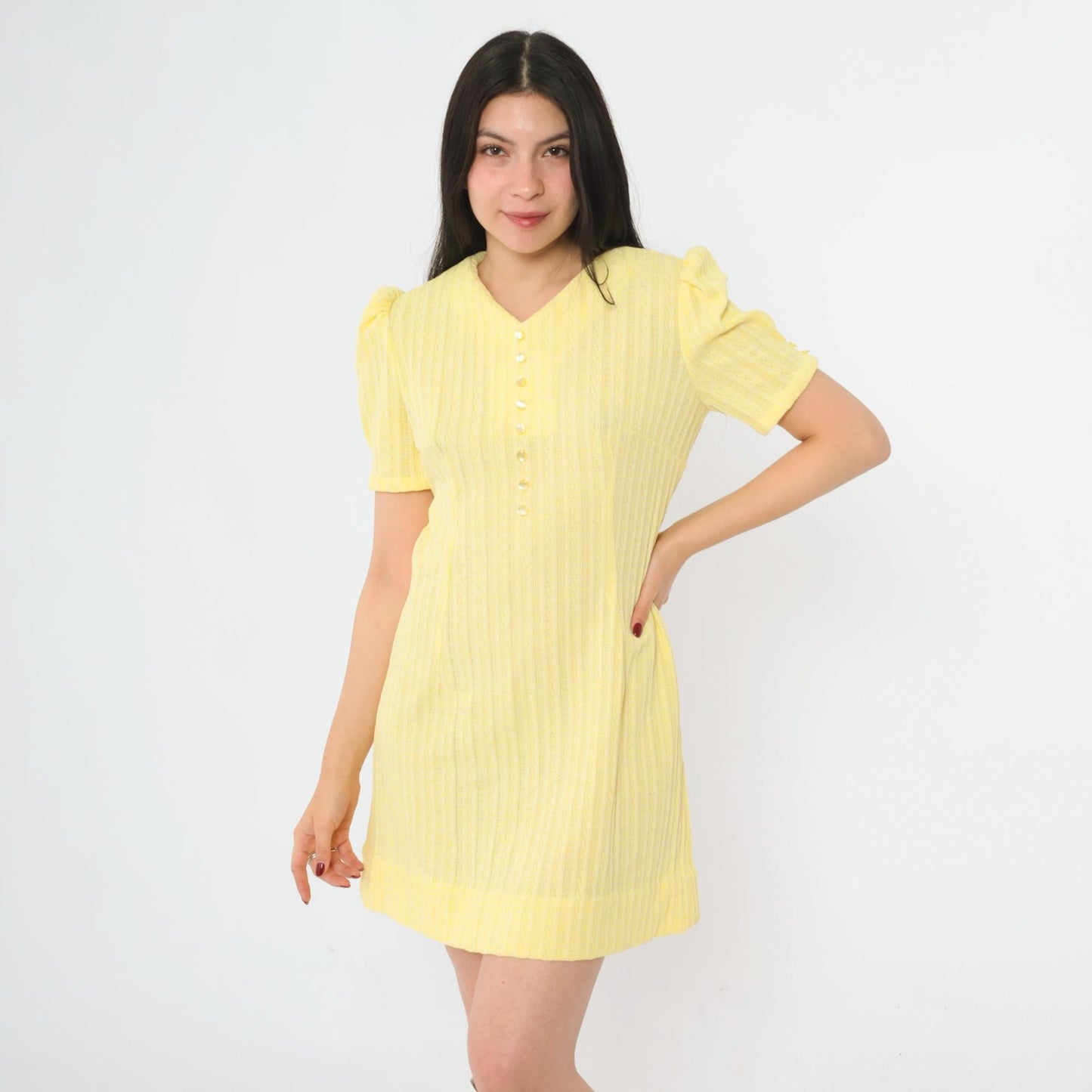 60s Yellow Ribbed Knit Mini Dress Puff Sleeve Shift Small Medium