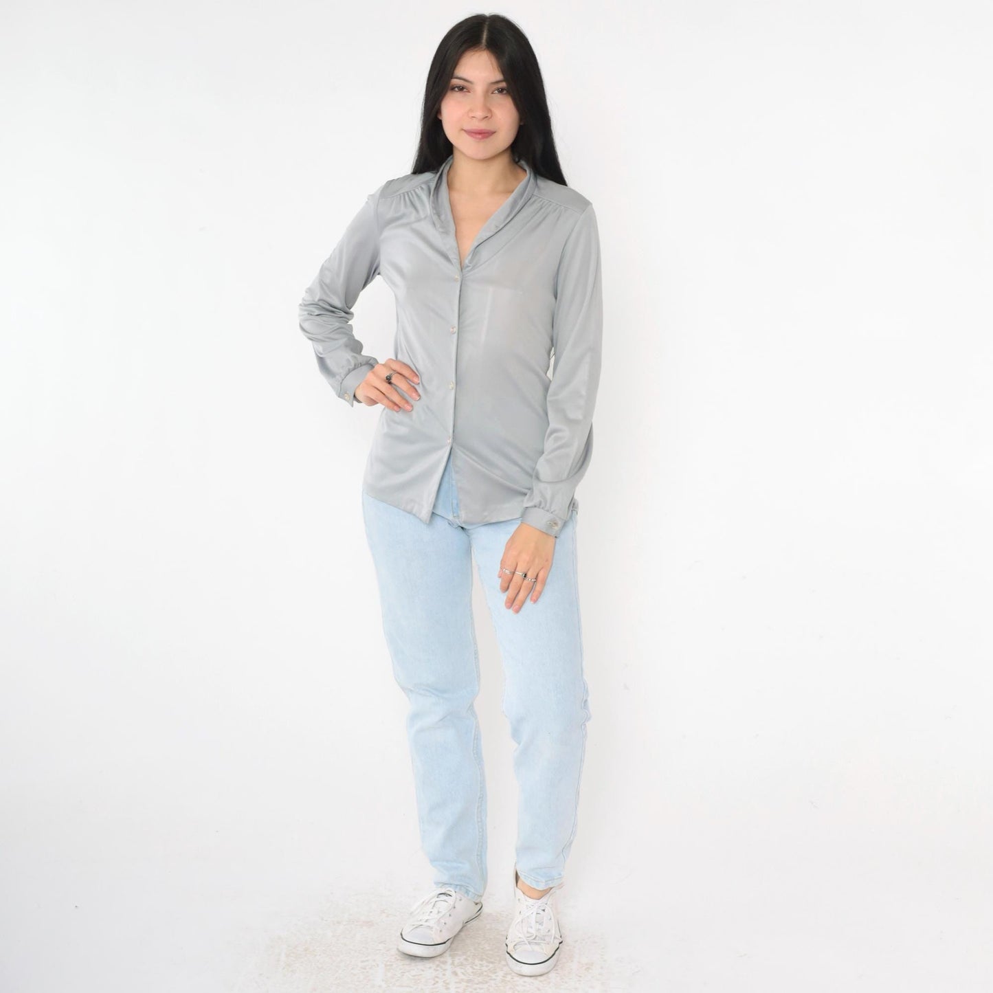 80s Grey Button-Up Blouse Long Sleeve Collared Shirt Medium M