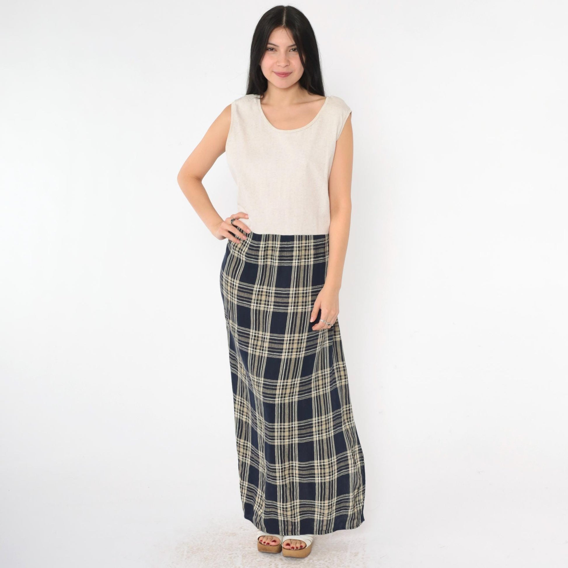 90s Jessica Howard Navy Checkered Maxi Dress Beige Bodice Drop Waist Medium Large