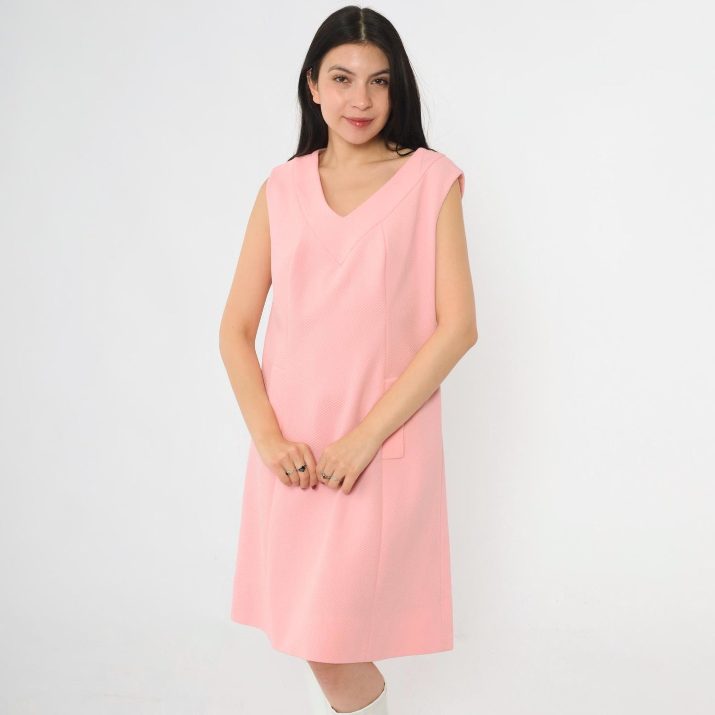 60s Mod Shift Dress Pink Ribbed Knit Sleeveless Mini Medium M