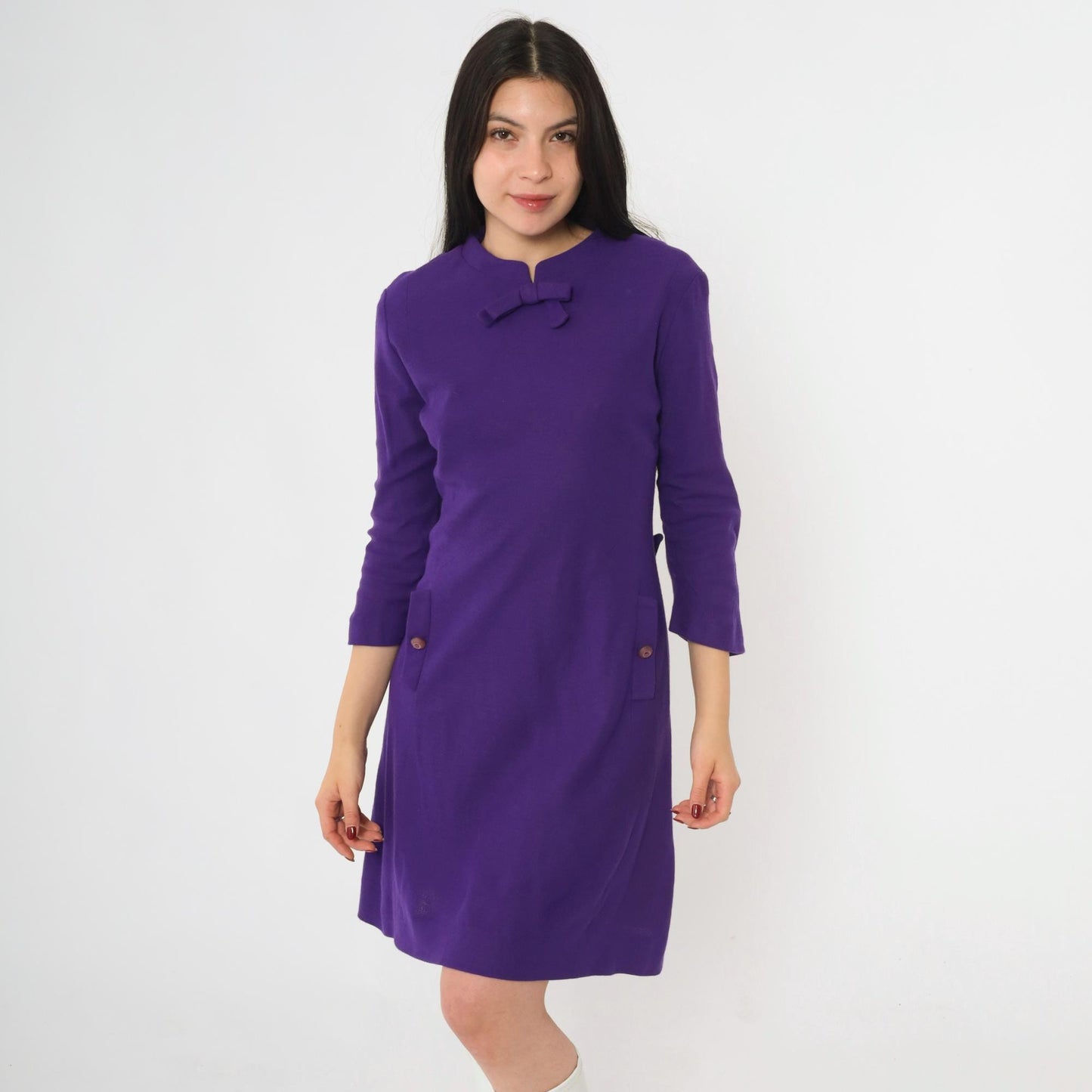 60s Purple Wool Shift Dress Bow Neck Mini 3/4 Sleeve Small