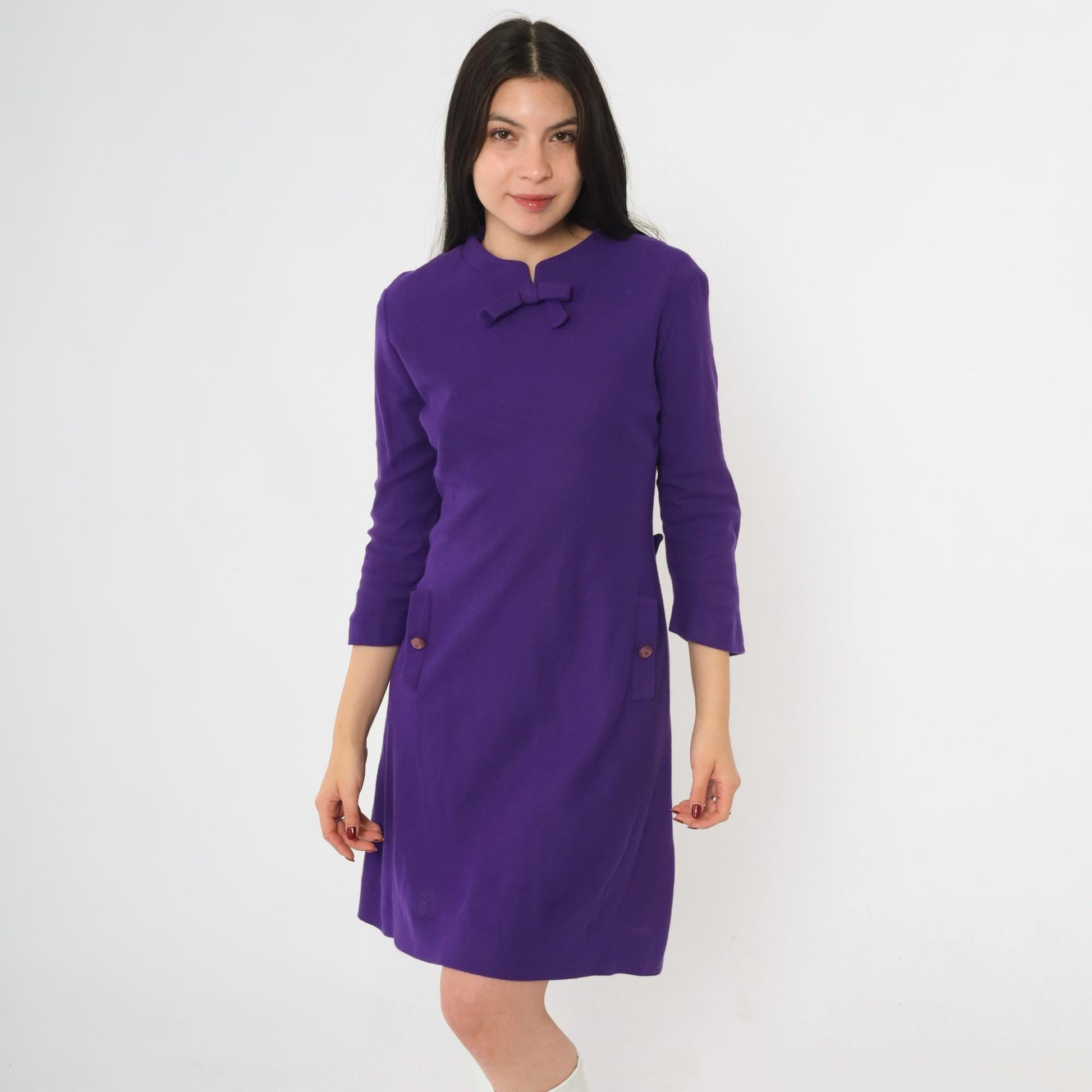 60s Purple Wool Shift Dress Bow Neck Mini 3/4 Sleeve Small
