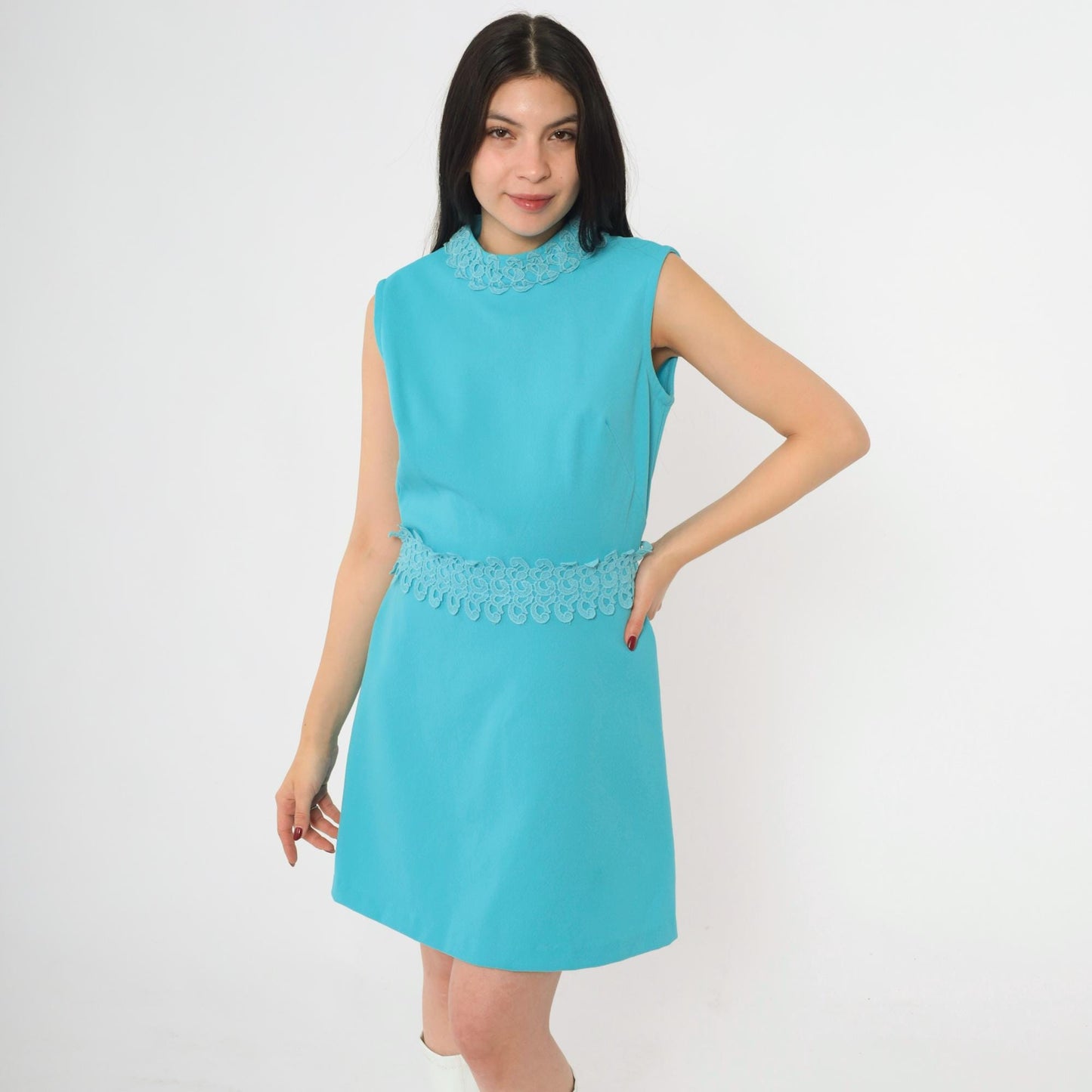 1960s Blue Lace Trim Mock Neck Shift Minidress Small S