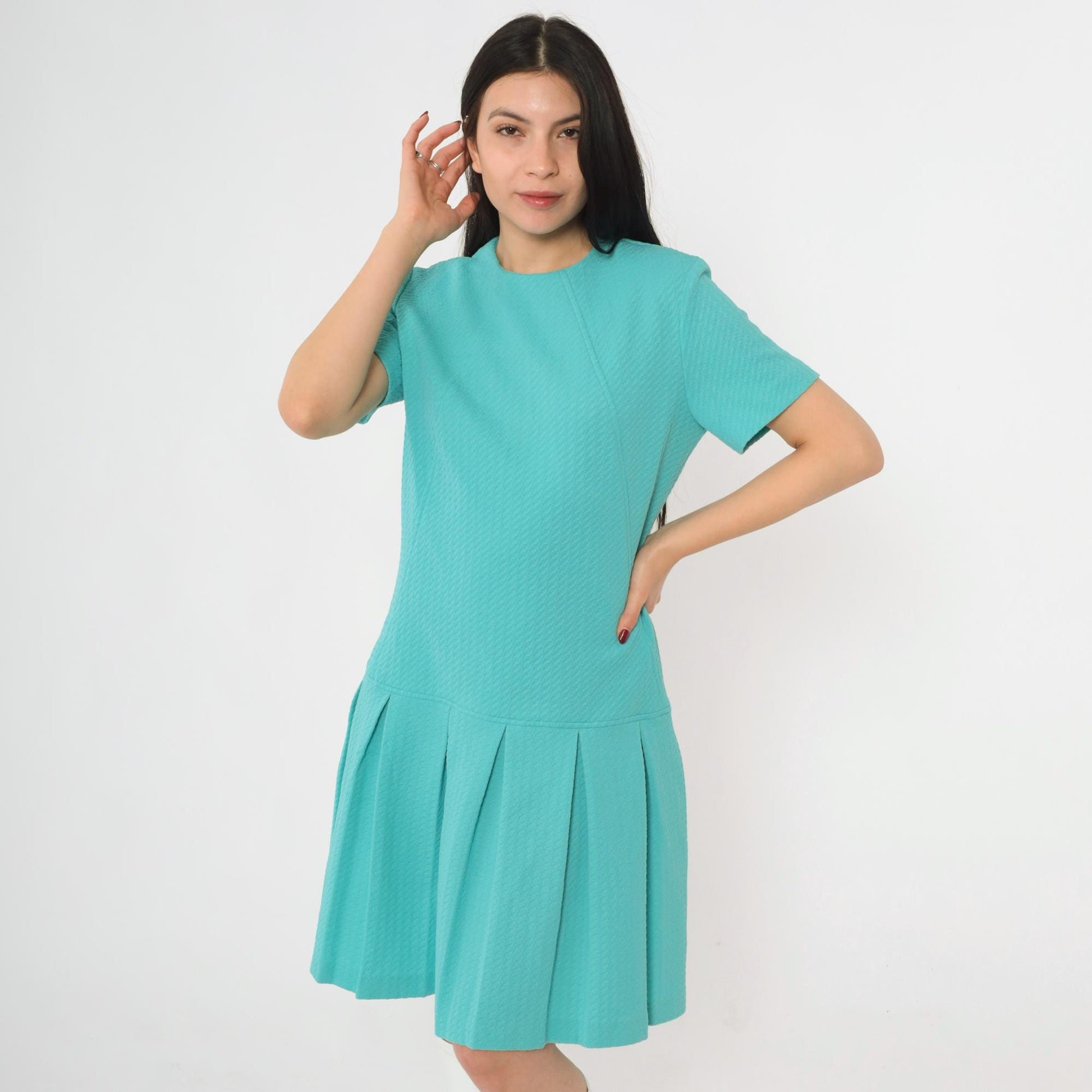 60s Mod Mini Dress Drop Waist Pleated Skirt Turquoise Polyester Small