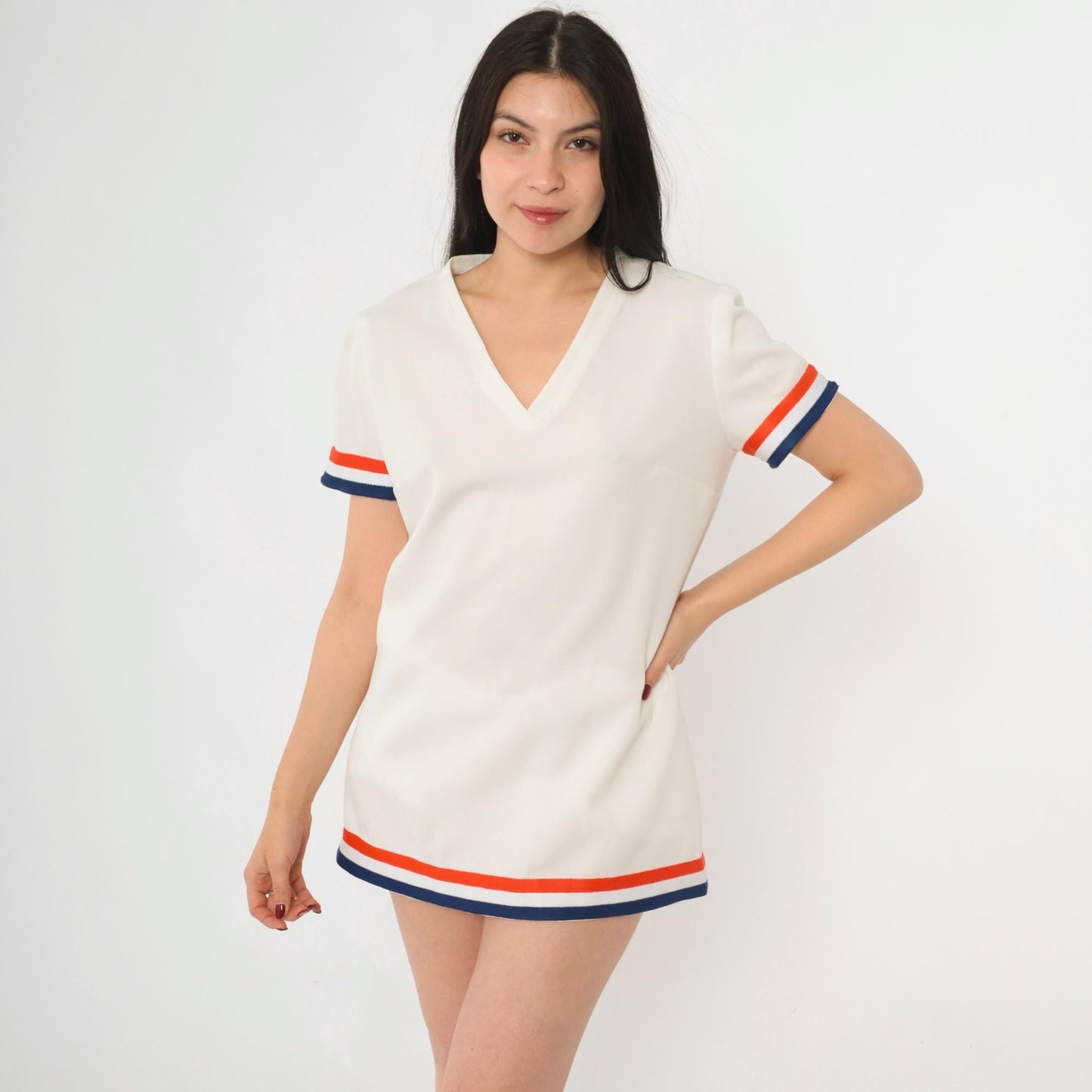 60s Mod Striped Shift Dress White Blue Orange V-Neck Short Sleeve Medium M