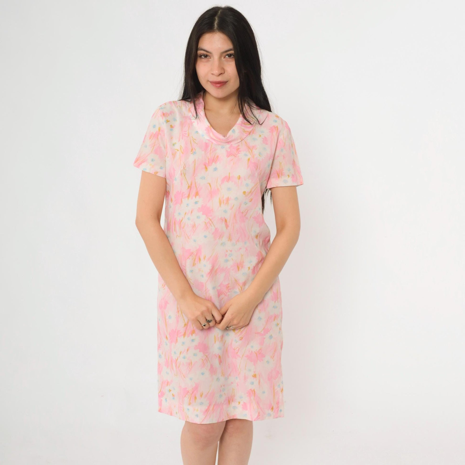 60s Pink Abstract Floral Shift Dress Cowl Neck Short Sleeve Small
