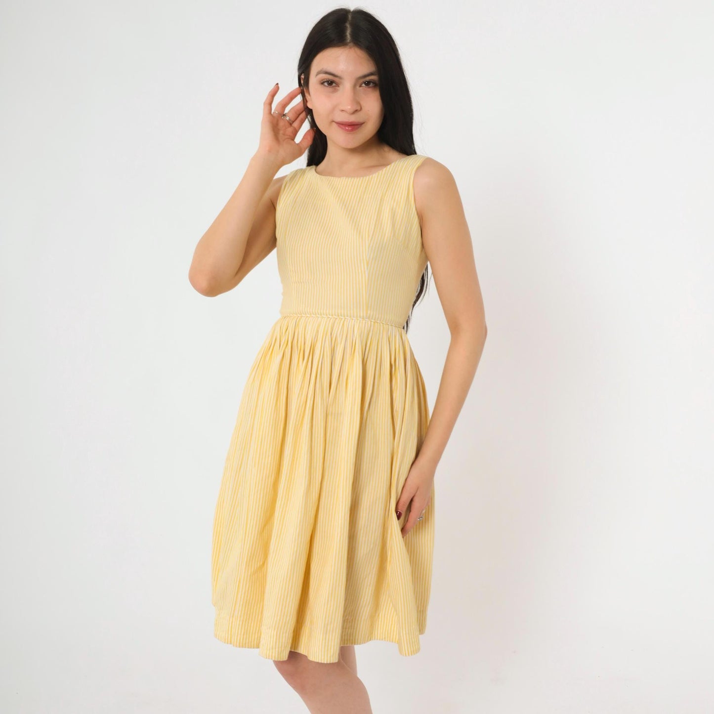 60s Yellow Striped Fit and Flare Mini Dress High Waist Pleated Sleeveless XXS