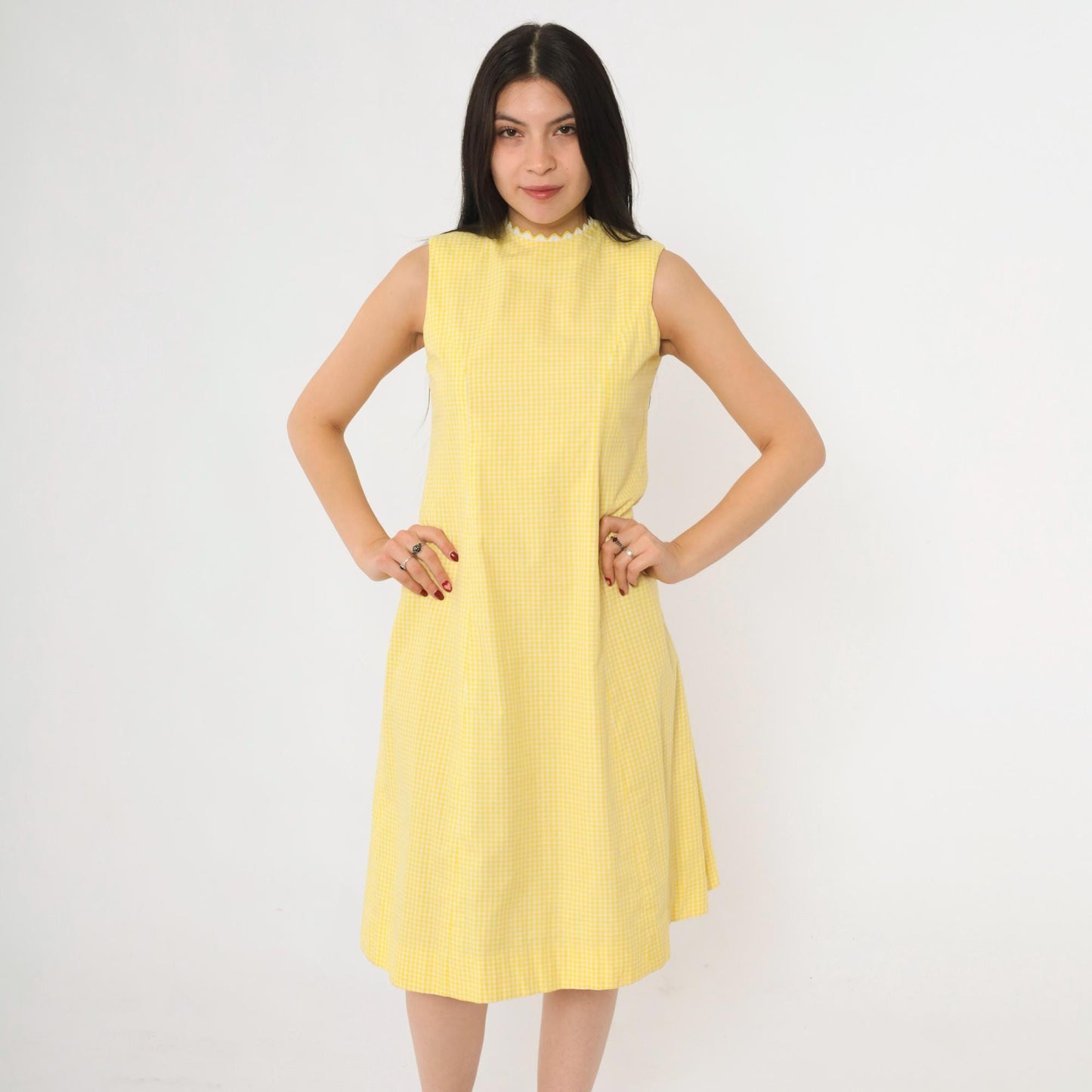 60s Yellow Gingham Sleeveless Dress Ric Rac Trim High Neck A-Line Knee Extra Small