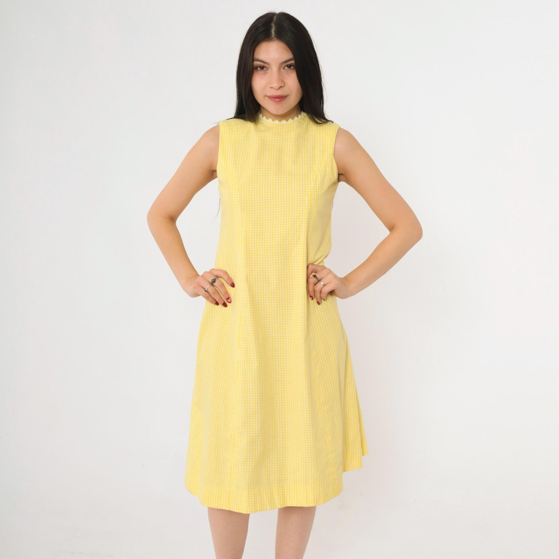 60s Yellow Gingham Sleeveless Dress Ric Rac Trim High Neck A-Line Knee Extra Small