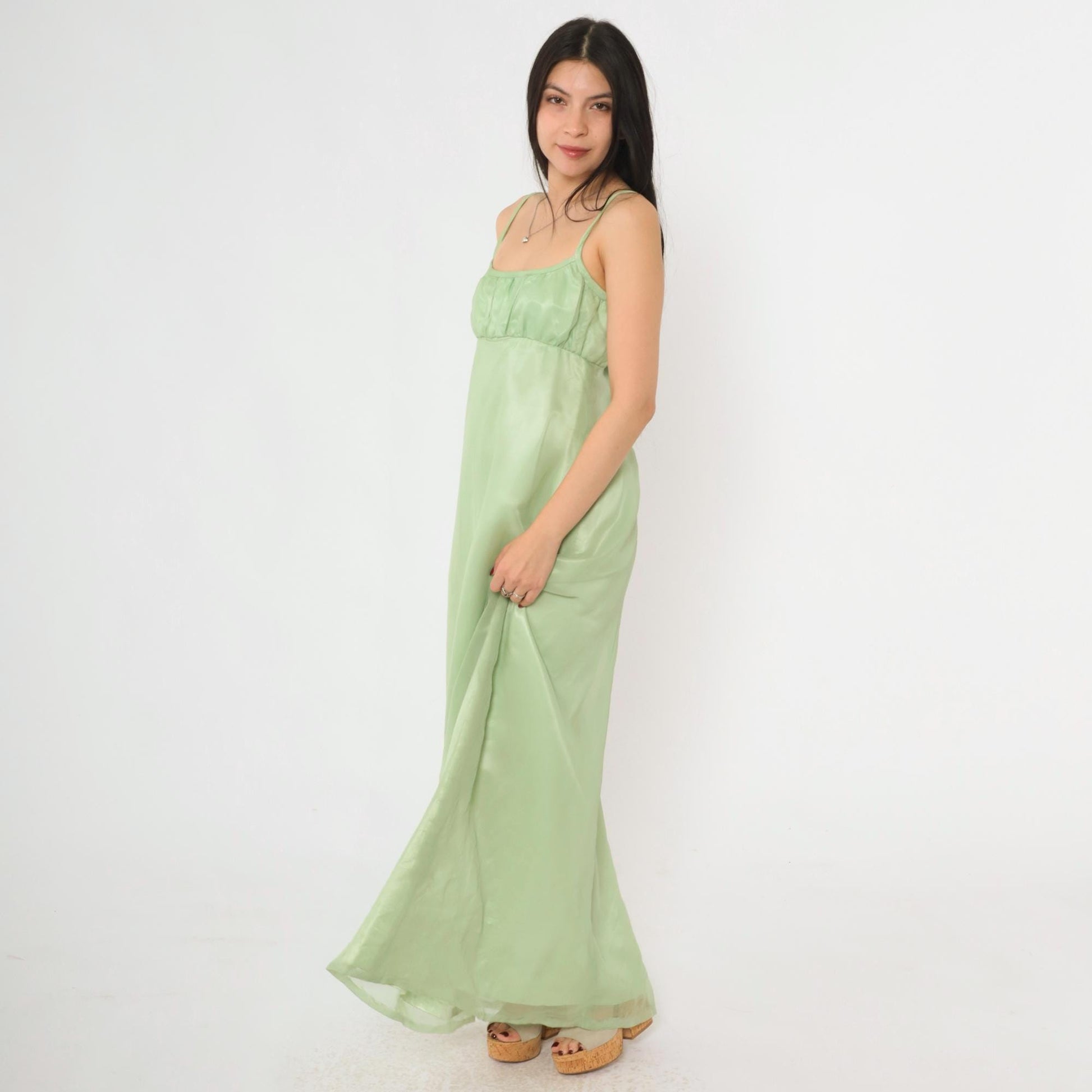 70s Light Green Empire Waist Maxi Dress Organdy Spaghetti Strap Formal Gown XS