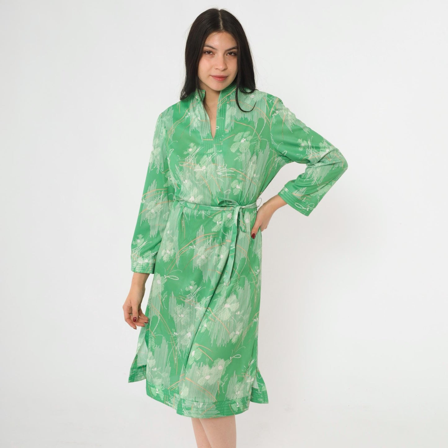 70s Abstract Floral Midi Dress Green Mandarin Collar Side Slit Tie Belt Large