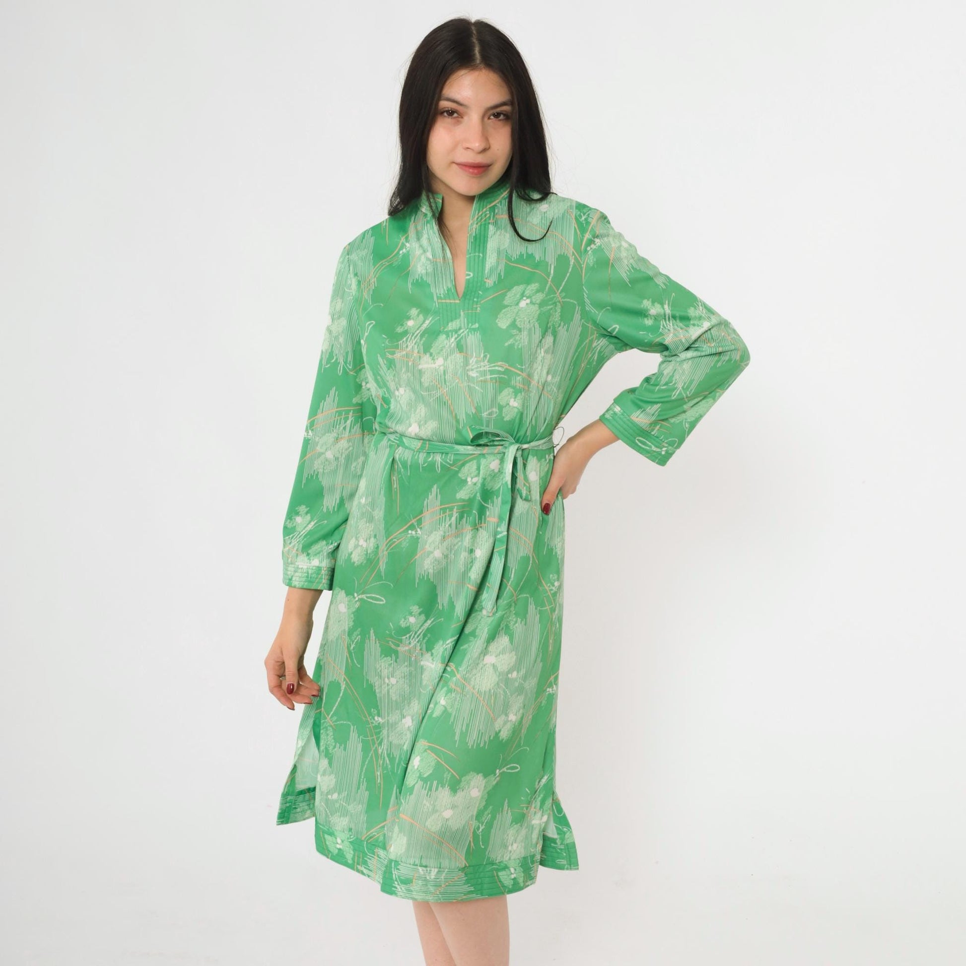 70s Abstract Floral Midi Dress Green Mandarin Collar Side Slit Tie Belt Large
