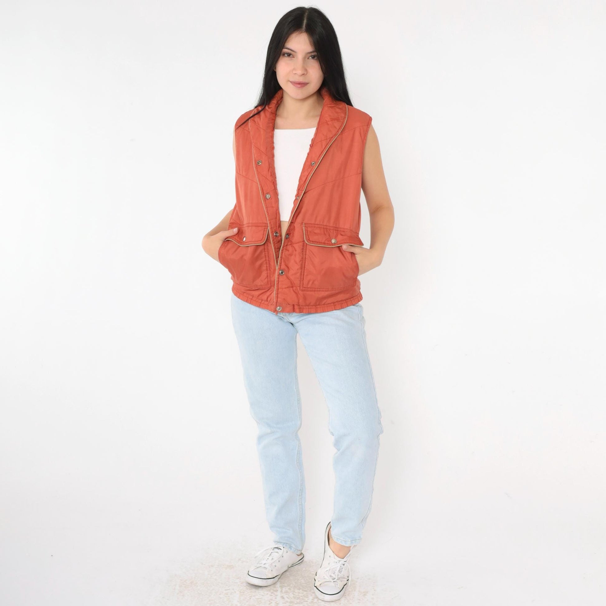 80s Rust Puffer Vest Chevron Stitching Snap Closure Sleeveless Medium M