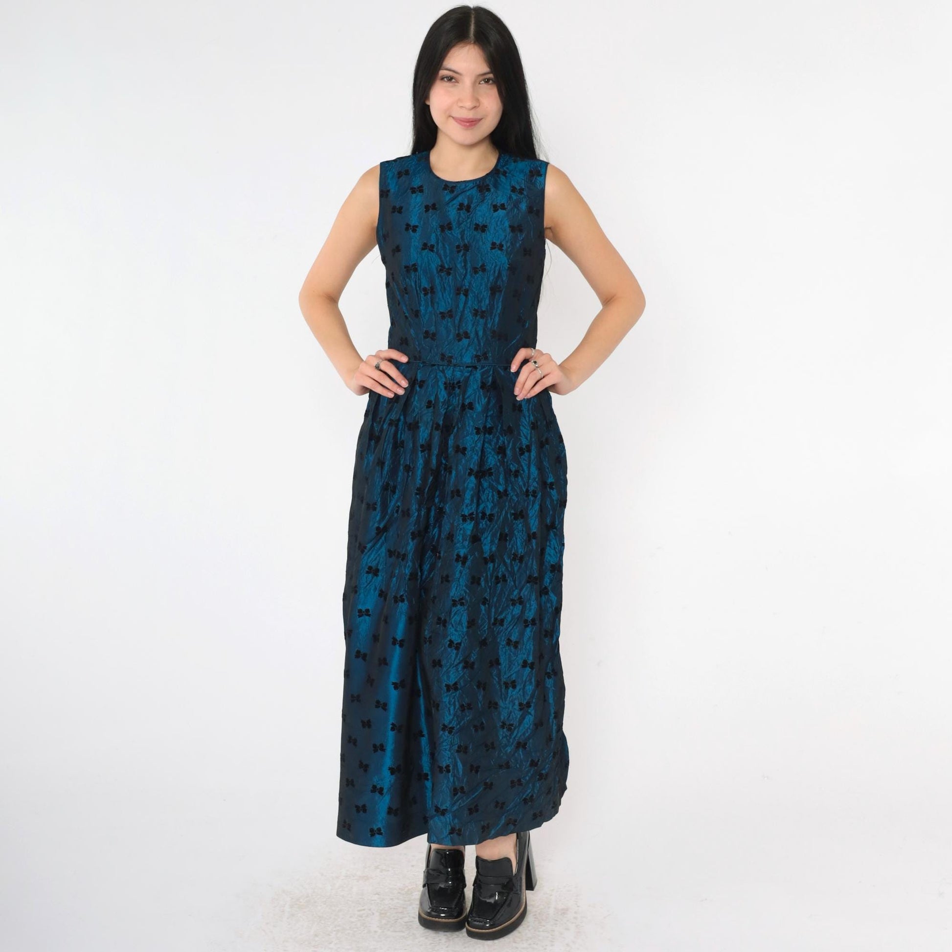 90s Susan Bristol Blue Taffeta Bow Print Midi Party Dress Extra Small