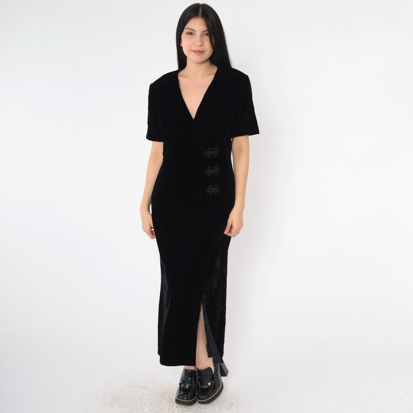 90s Talbots Black Velvet V-Neck Midi Dress Frog Closures Small 6