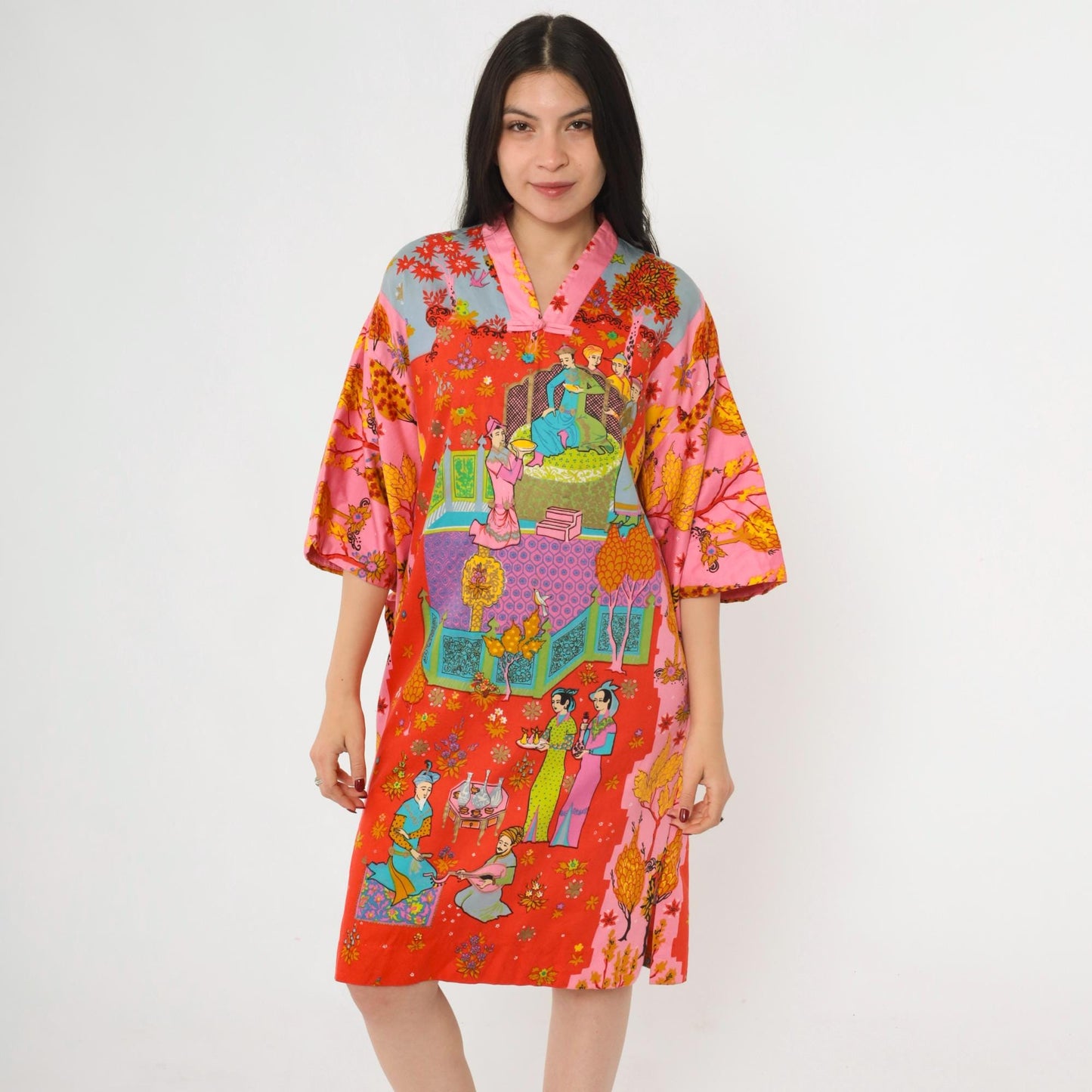 70s Alice Polynesian Kaftan Dress Bell Sleeve Asian Court Print Red Pink Small