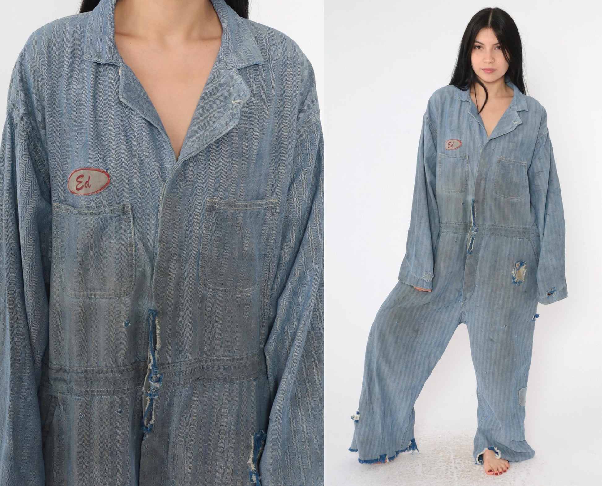 1960s WW Corporation Herringbone Denim Coveralls Workwear Distressed 48