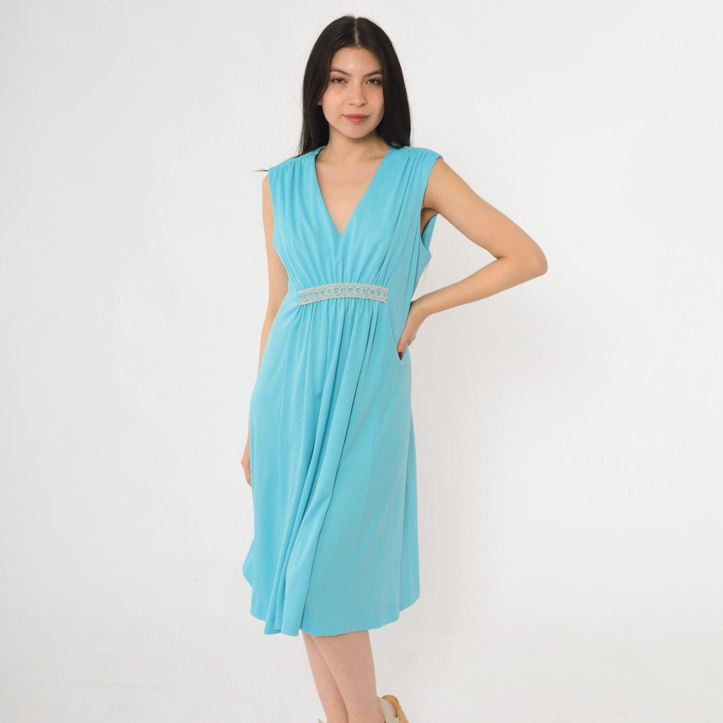 70s Blue Grecian Midi Dress Empire Waist Embroidered V Neck Sleeveless Medium