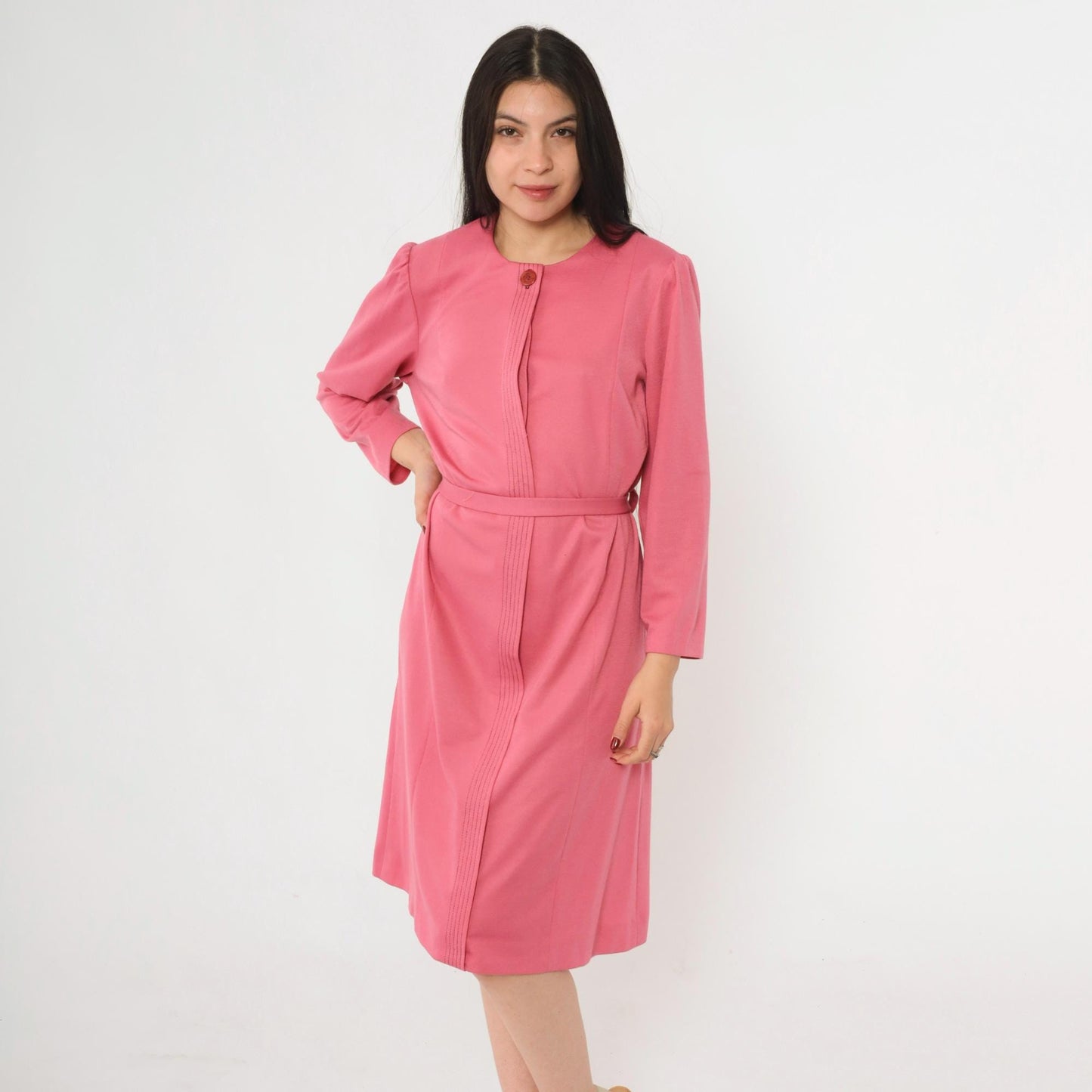 70s Pink Button-Up Shirtdress A-Line Midi Puff Sleeve Tie Belt Large