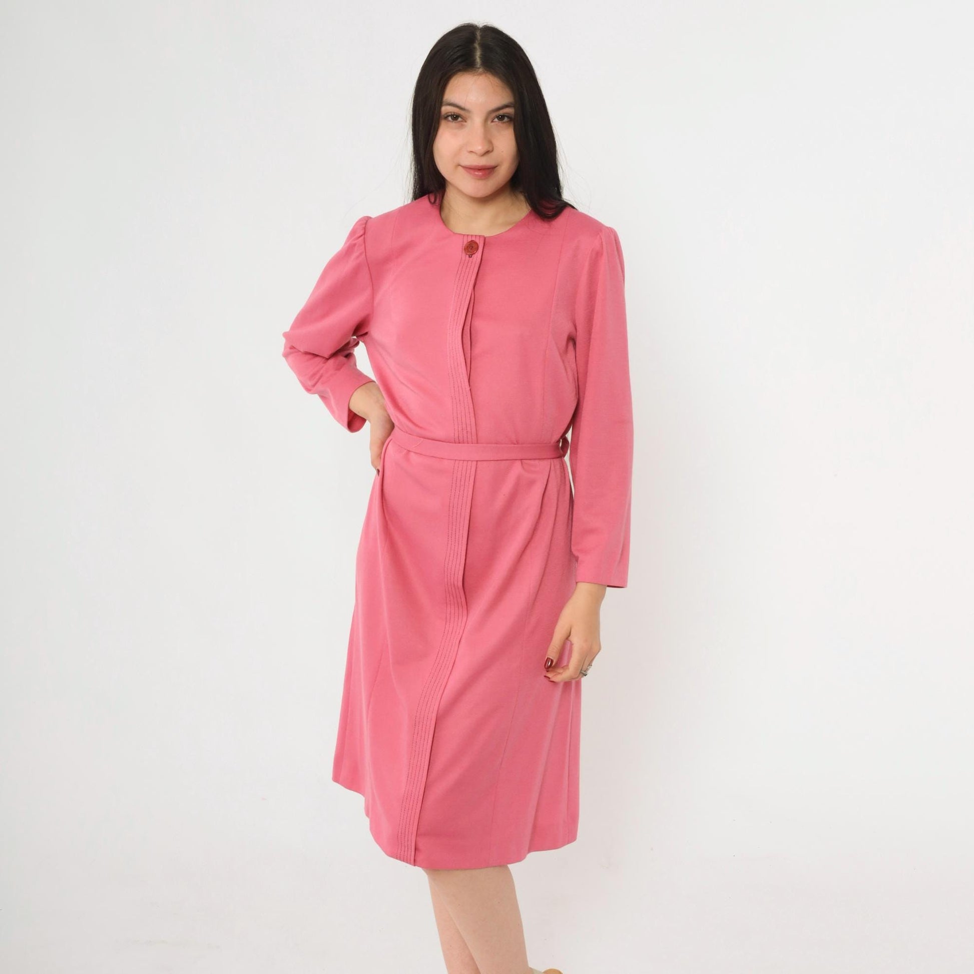 70s Pink Button-Up Shirtdress A-Line Midi Puff Sleeve Tie Belt Large