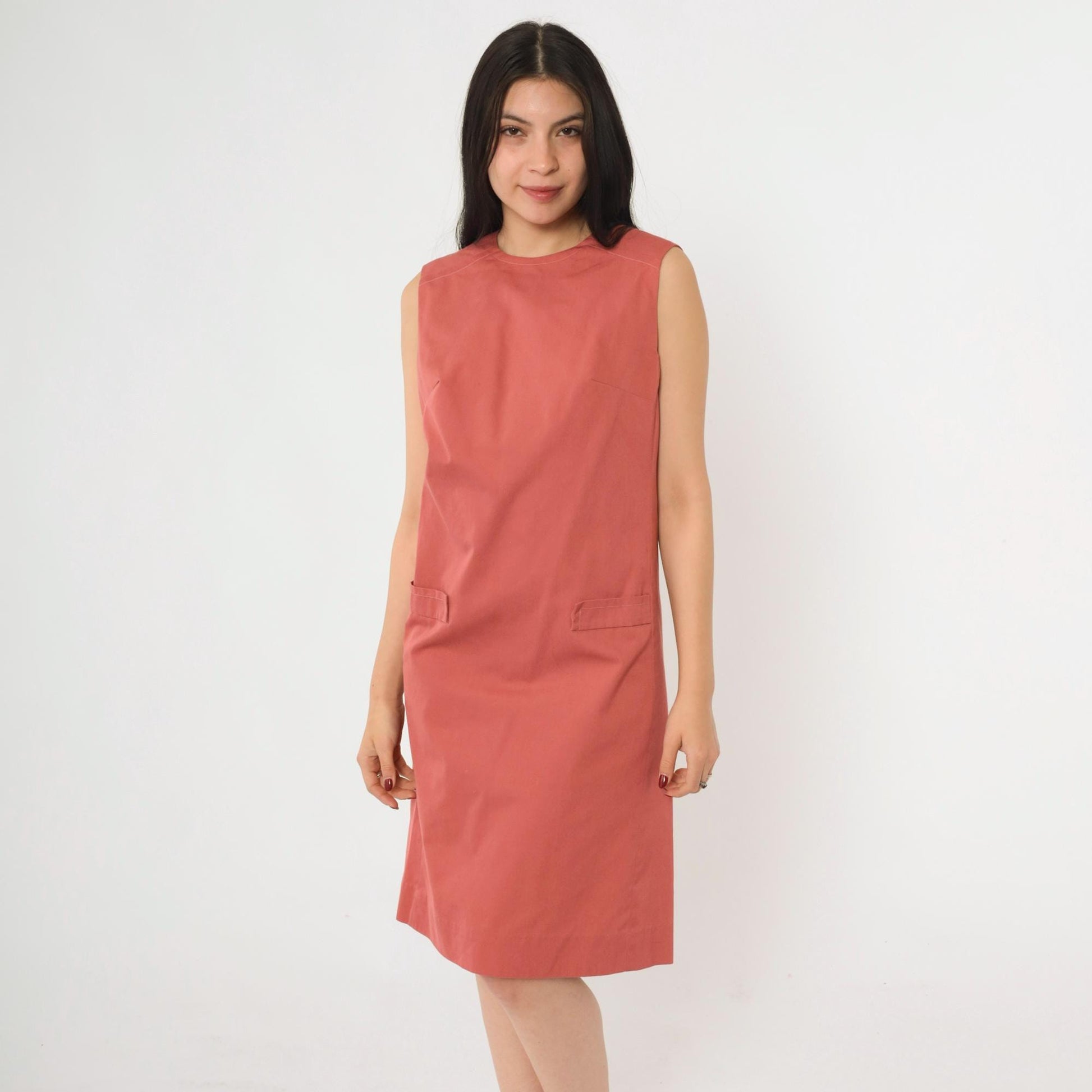 60s Mod Shift Dress Muted Red Sleeveless Knee Length Small