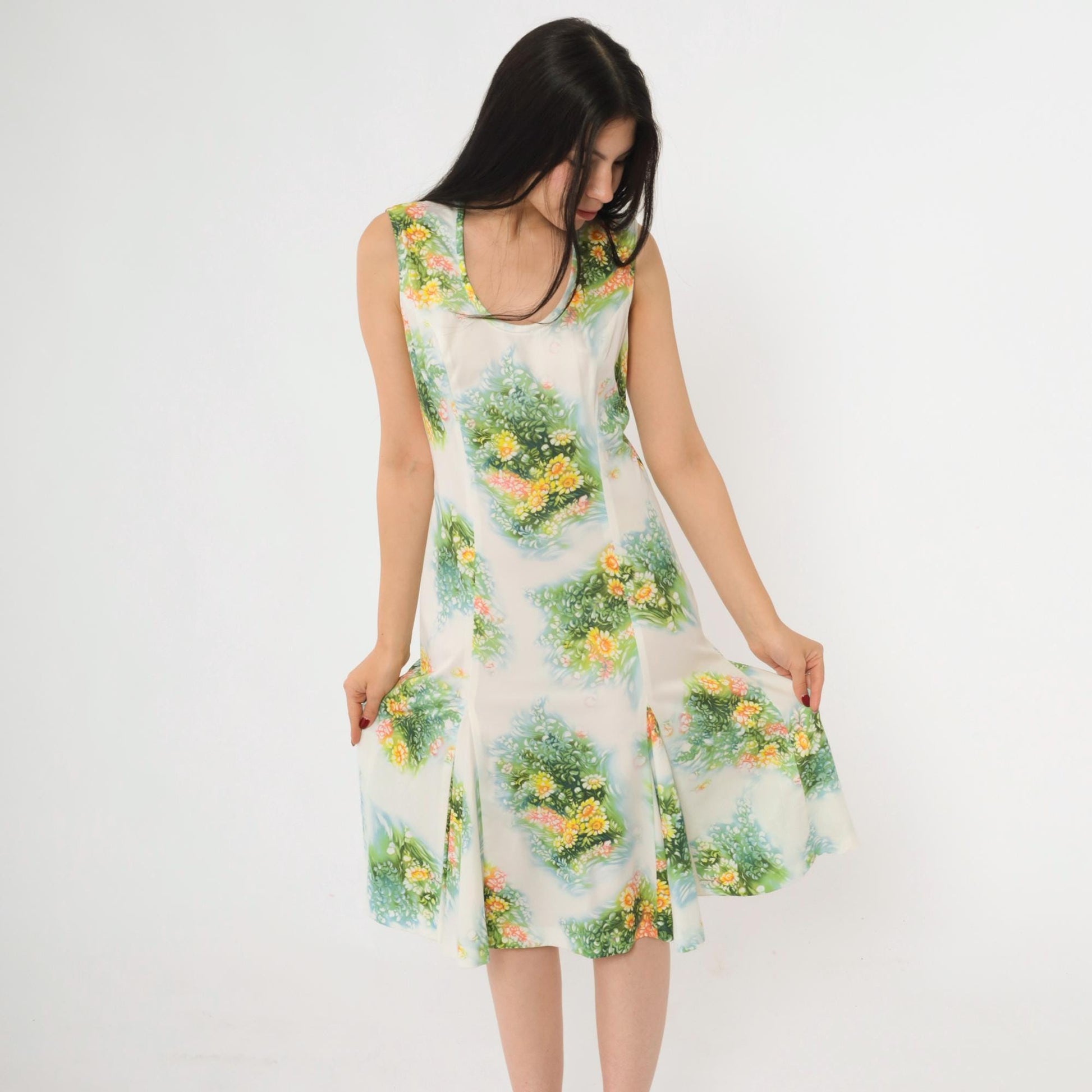 70s White Floral Print Sleeveless Dress Green Yellow Midi A-Line Medium 8