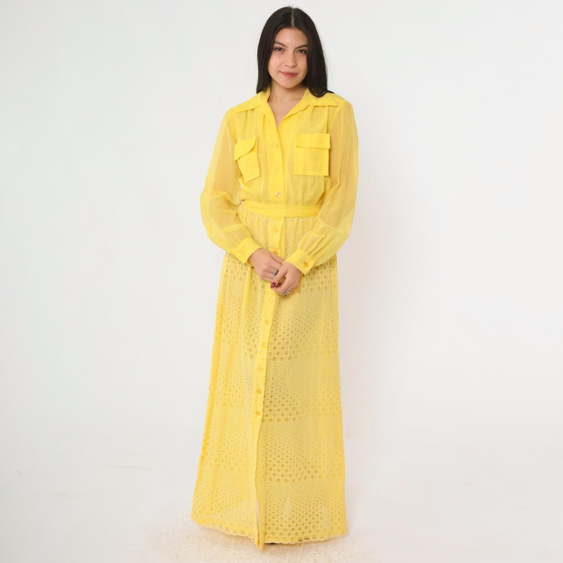 70s Yellow Eyelet Lace Maxi Dress Button-Up High Waist Utility Pockets Small