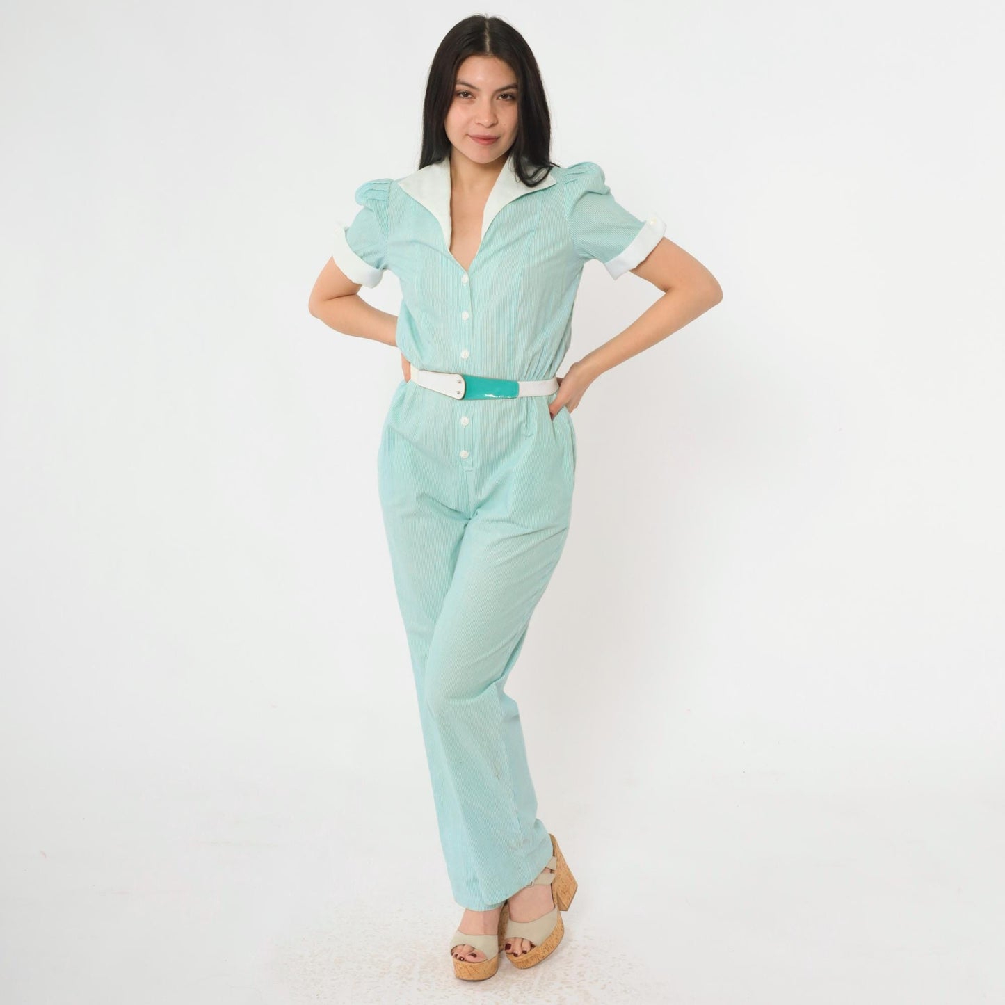 80s Aqua Striped Puff Sleeve Jumpsuit High Waisted Button Up Cotton Extra Small